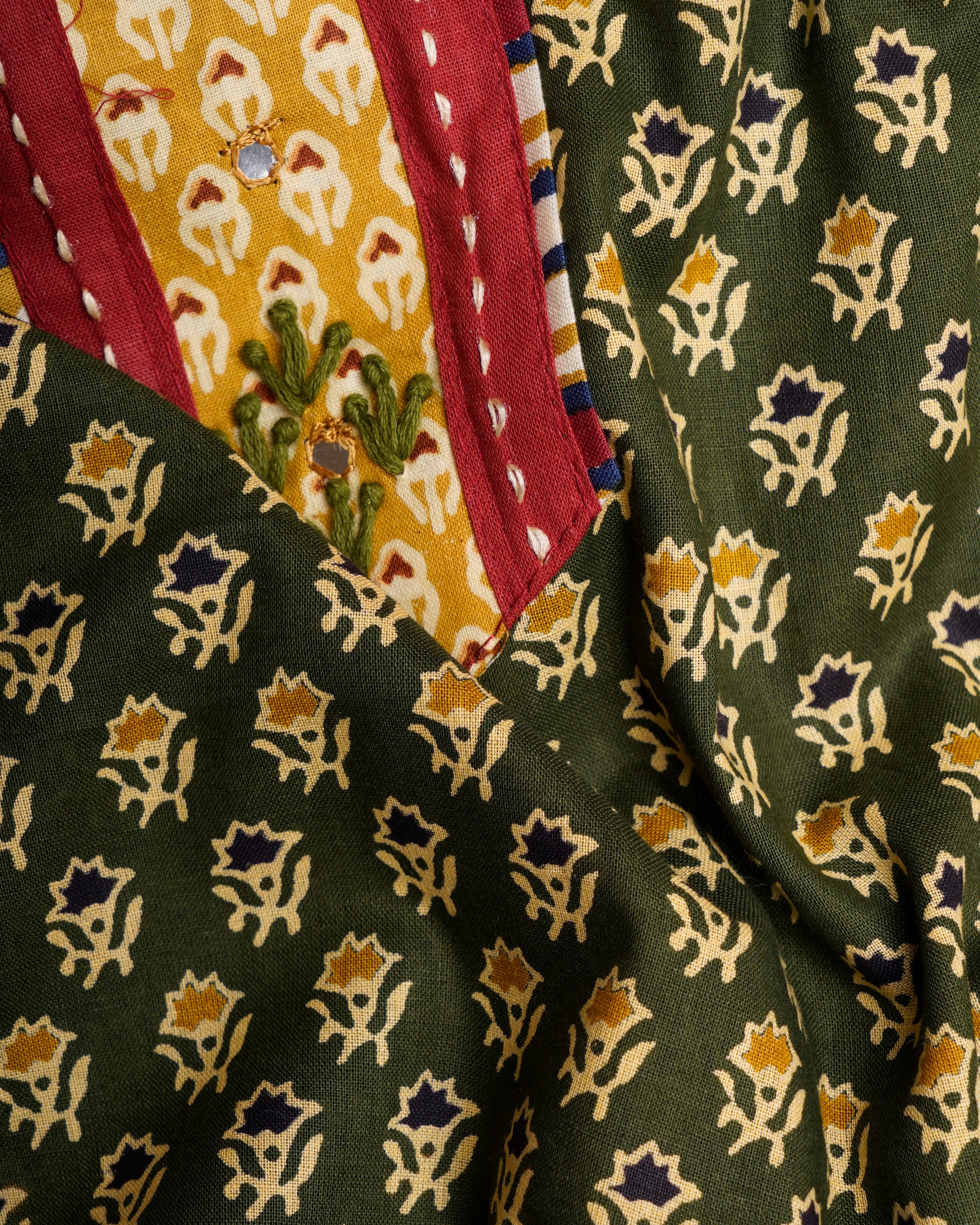 Dark Green - Dark Mustard Embroidered & Printed Pure Cotton Unstitched Suit Set