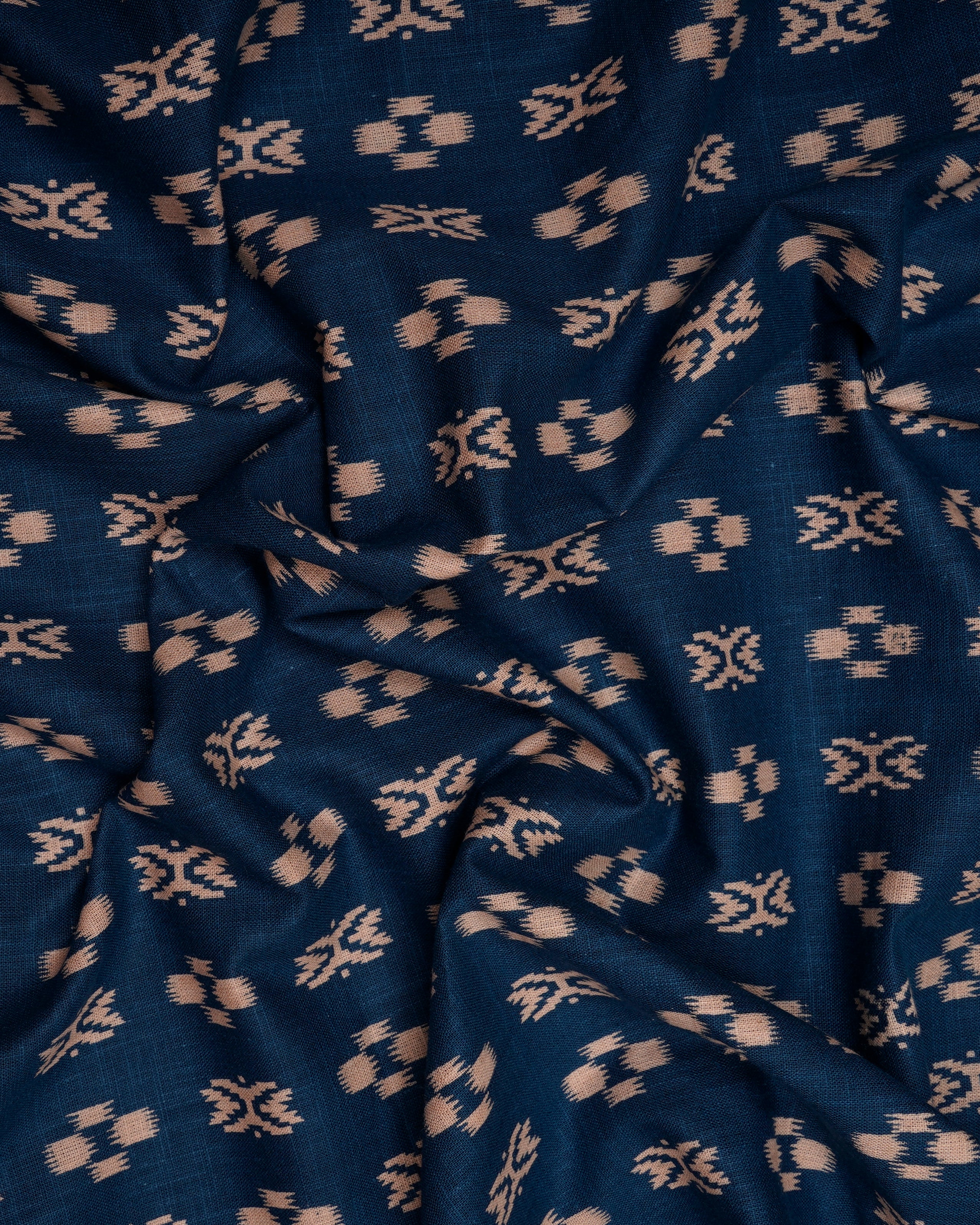Blue-Mustard Ikat Pattern Printed Cotton Unstitched Suit Set