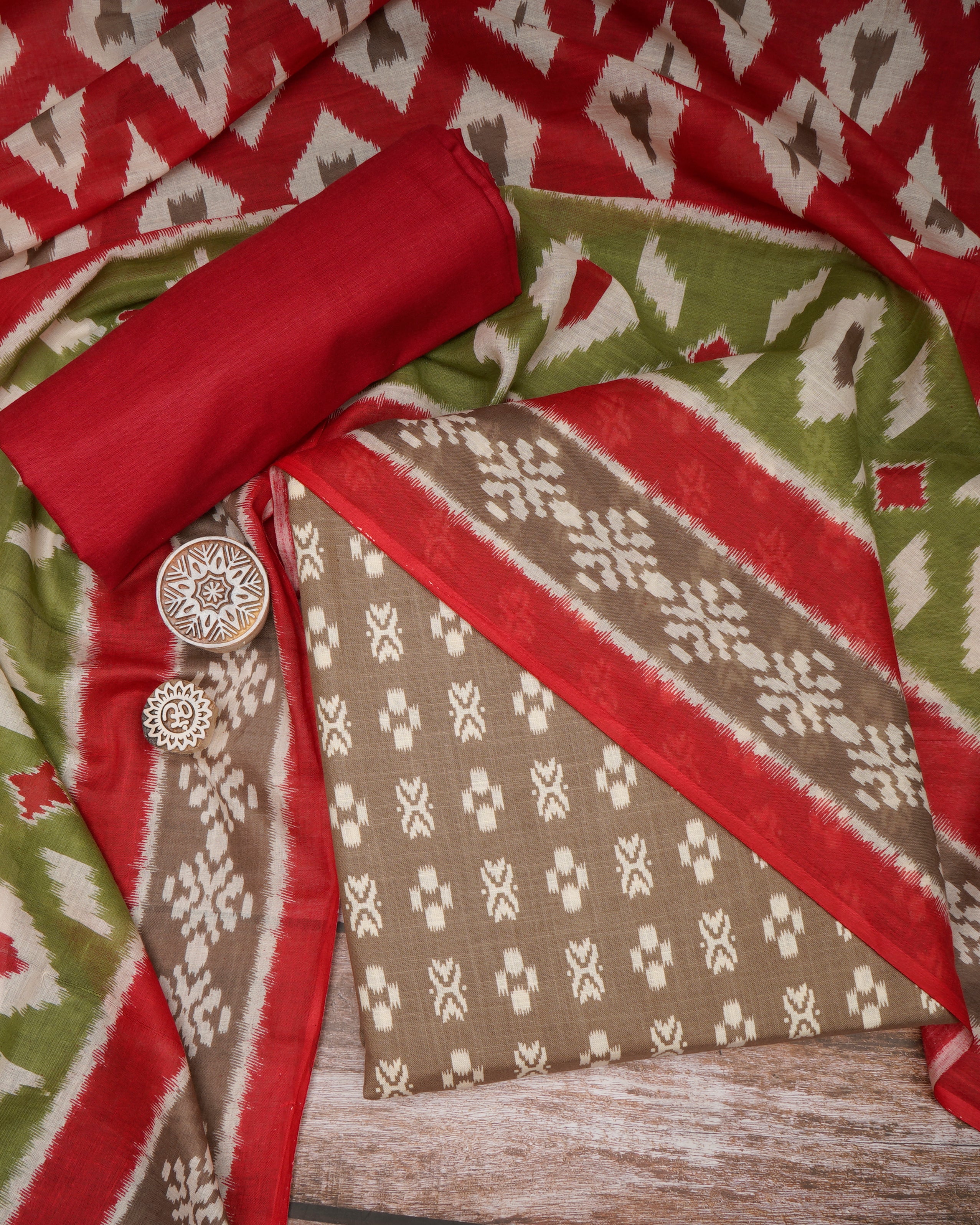 Red-Green Ikat Pattern Printed Cotton Unstitched Suit Set