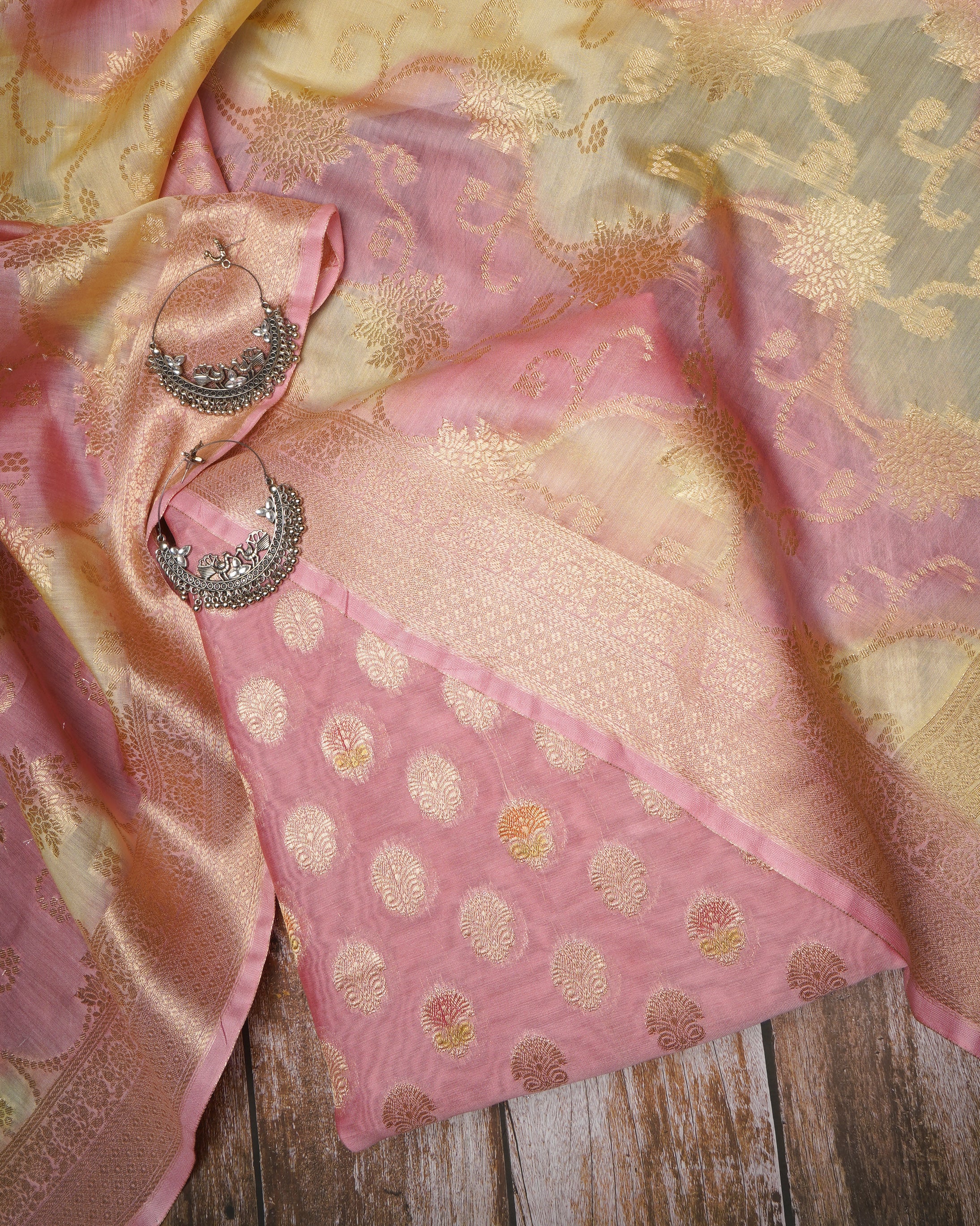 Light Pink-Yellow Floral Pattern Fancy Handwoven Fancy Chanderi Unstitched Suit Set (Top & Dupatta)