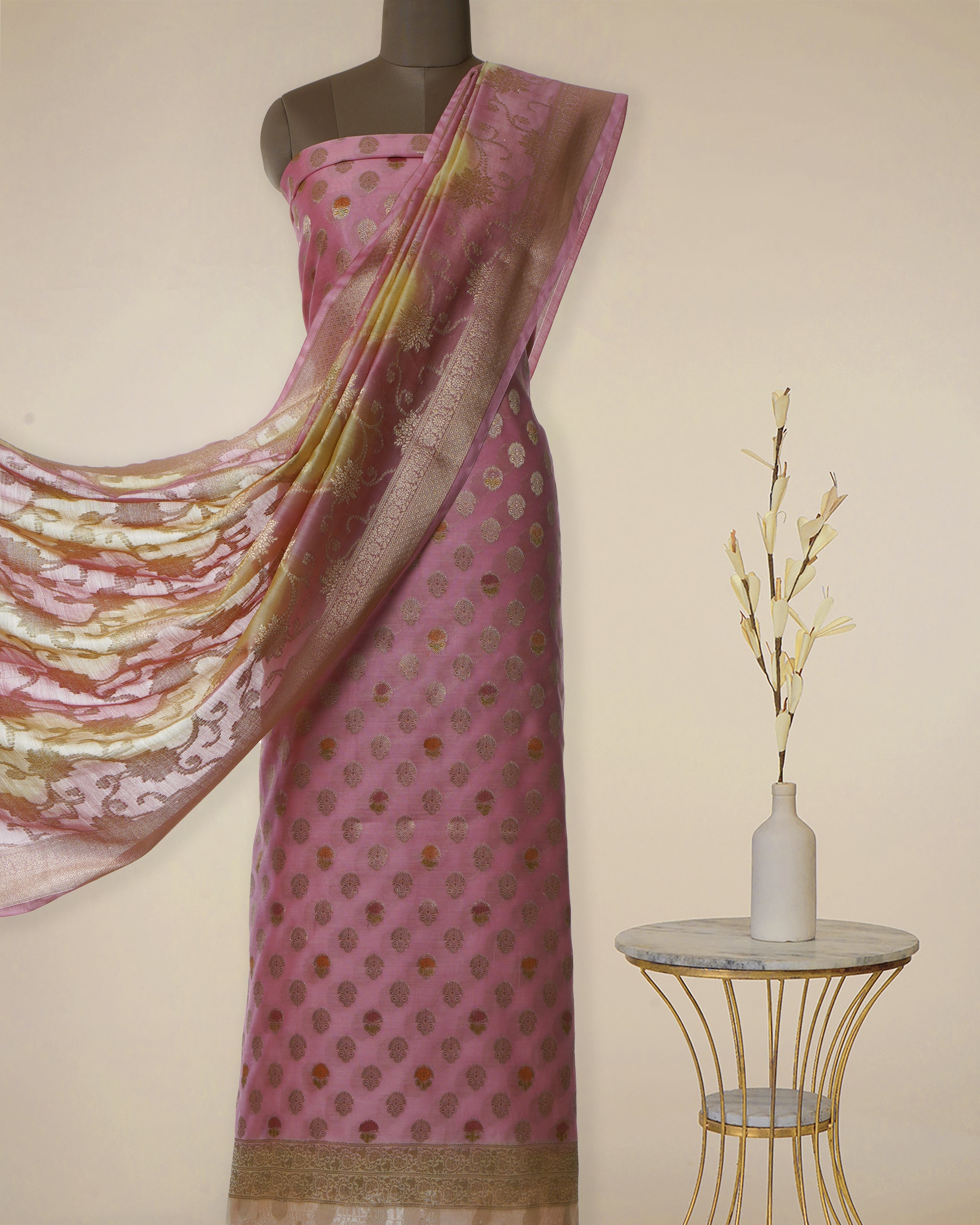 Light Pink-Yellow Floral Pattern Fancy Handwoven Fancy Chanderi Unstitched Suit Set (Top & Dupatta)