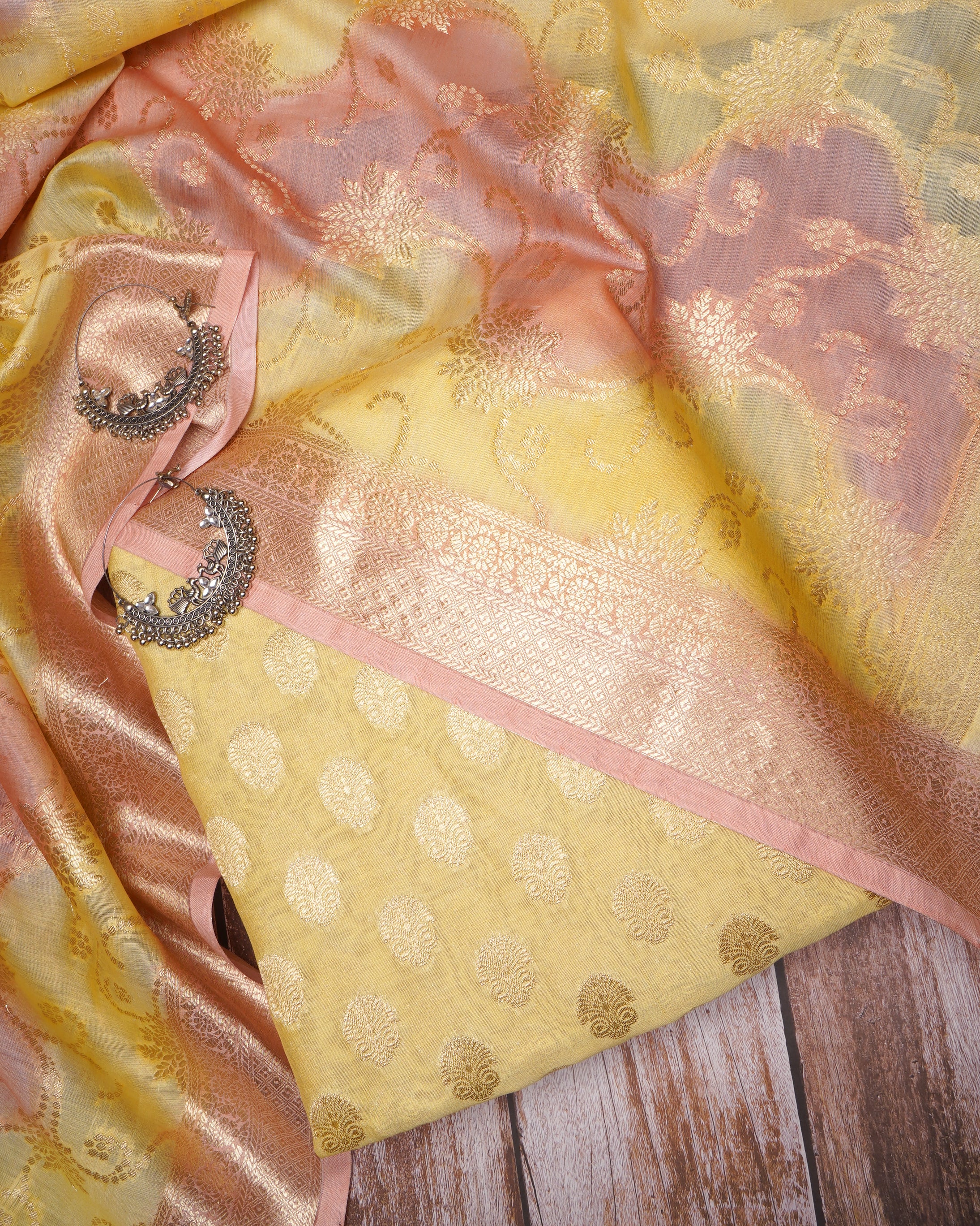 Yellow-Light Orange Floral Pattern Fancy Handwoven Fancy Chanderi Unstitched Suit Set (Top & Dupatta)