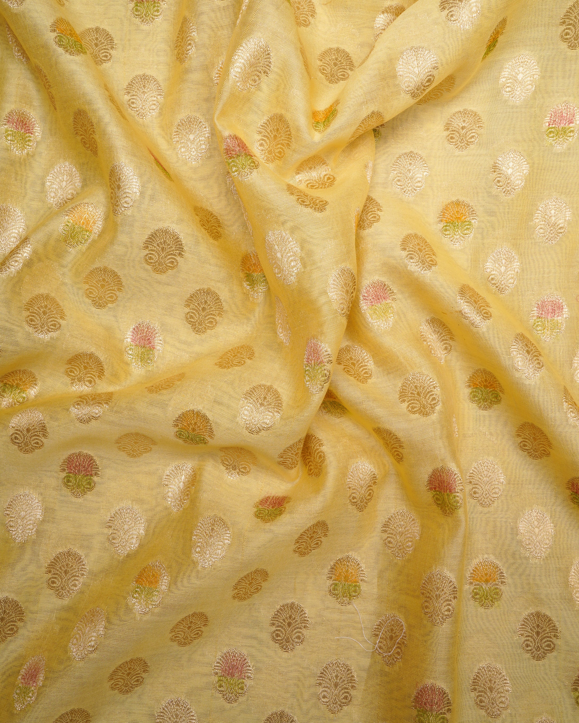Yellow-Light Orange Floral Pattern Fancy Handwoven Fancy Chanderi Unstitched Suit Set (Top & Dupatta)