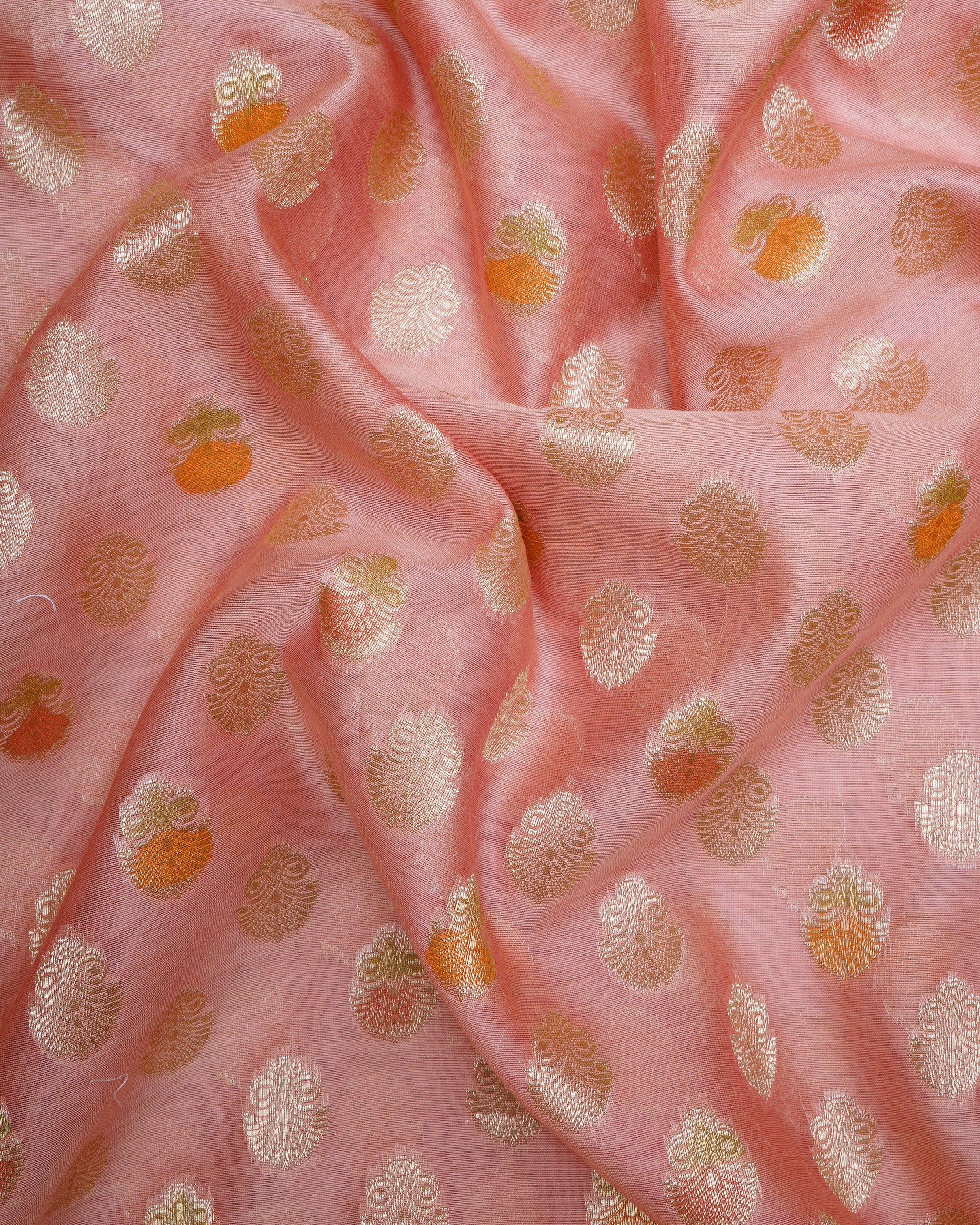 Peach-Lime Yellow Floral Pattern Fancy Handwoven Fancy Chanderi Unstitched Suit Set (Top & Dupatta)