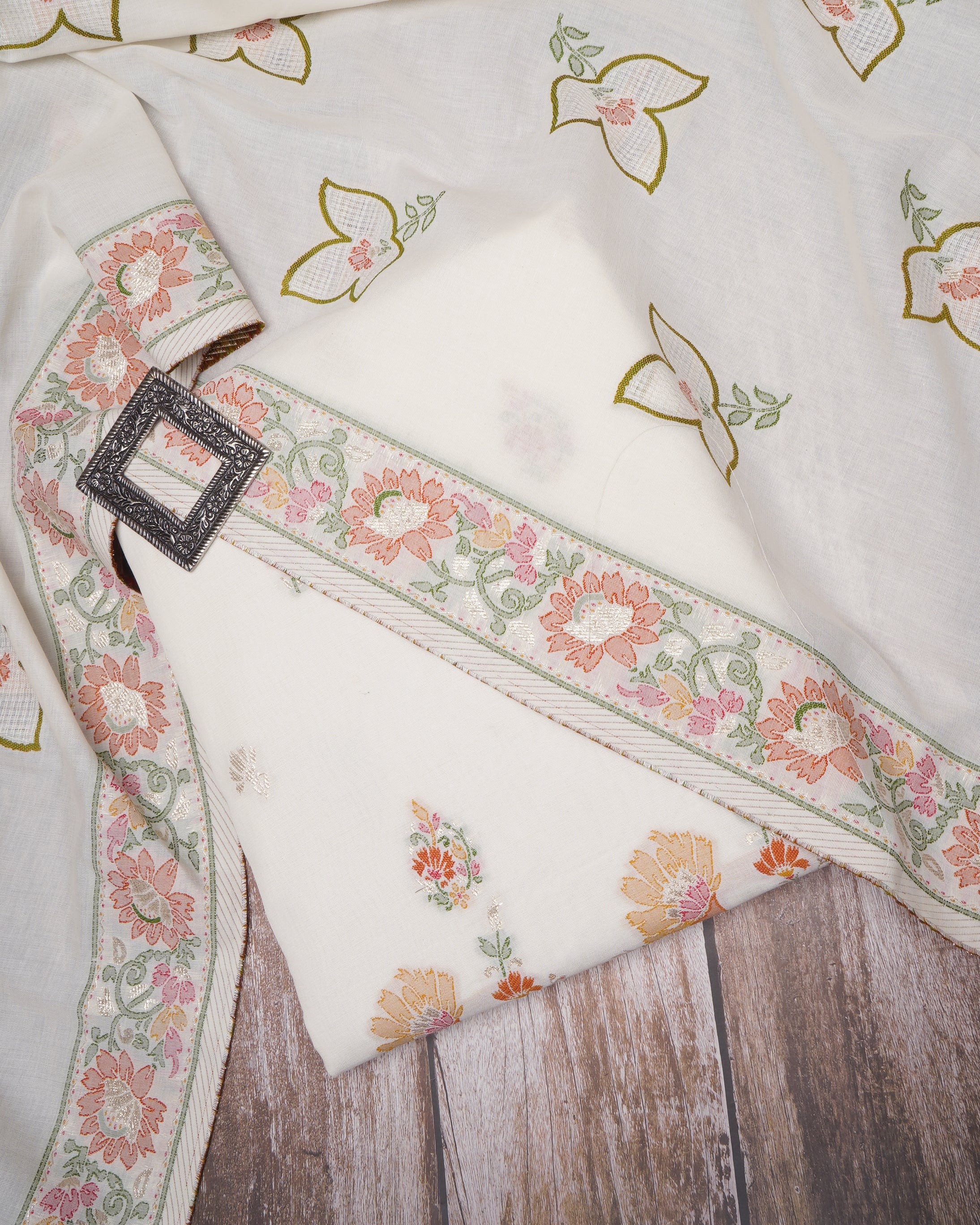 Off White-Red Floral Pattern Fancy Woven Fancy Cotton Unstitched Suit Set (Top & Dupatta)