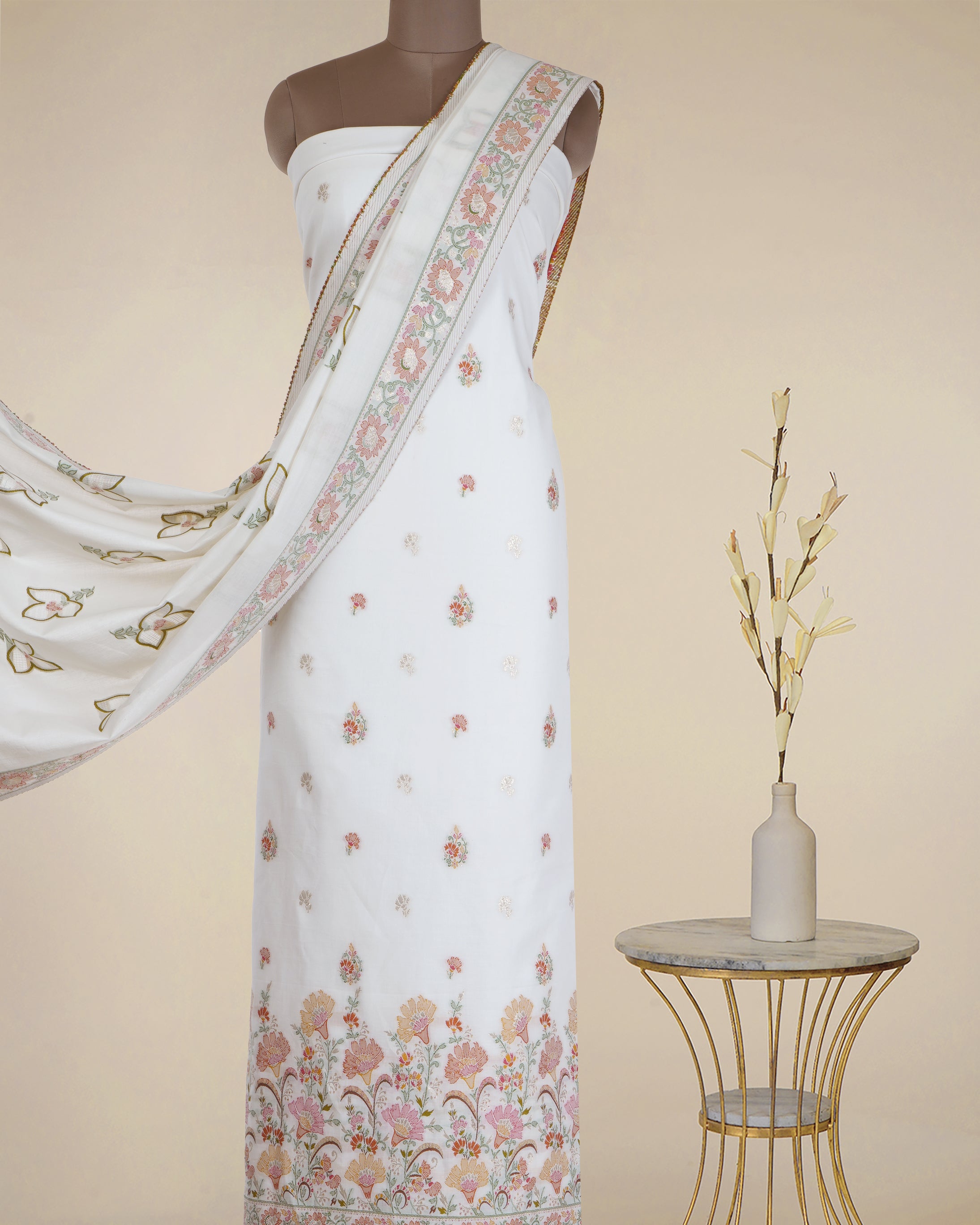 Off White-Red Floral Pattern Fancy Woven Fancy Cotton Unstitched Suit Set (Top & Dupatta)