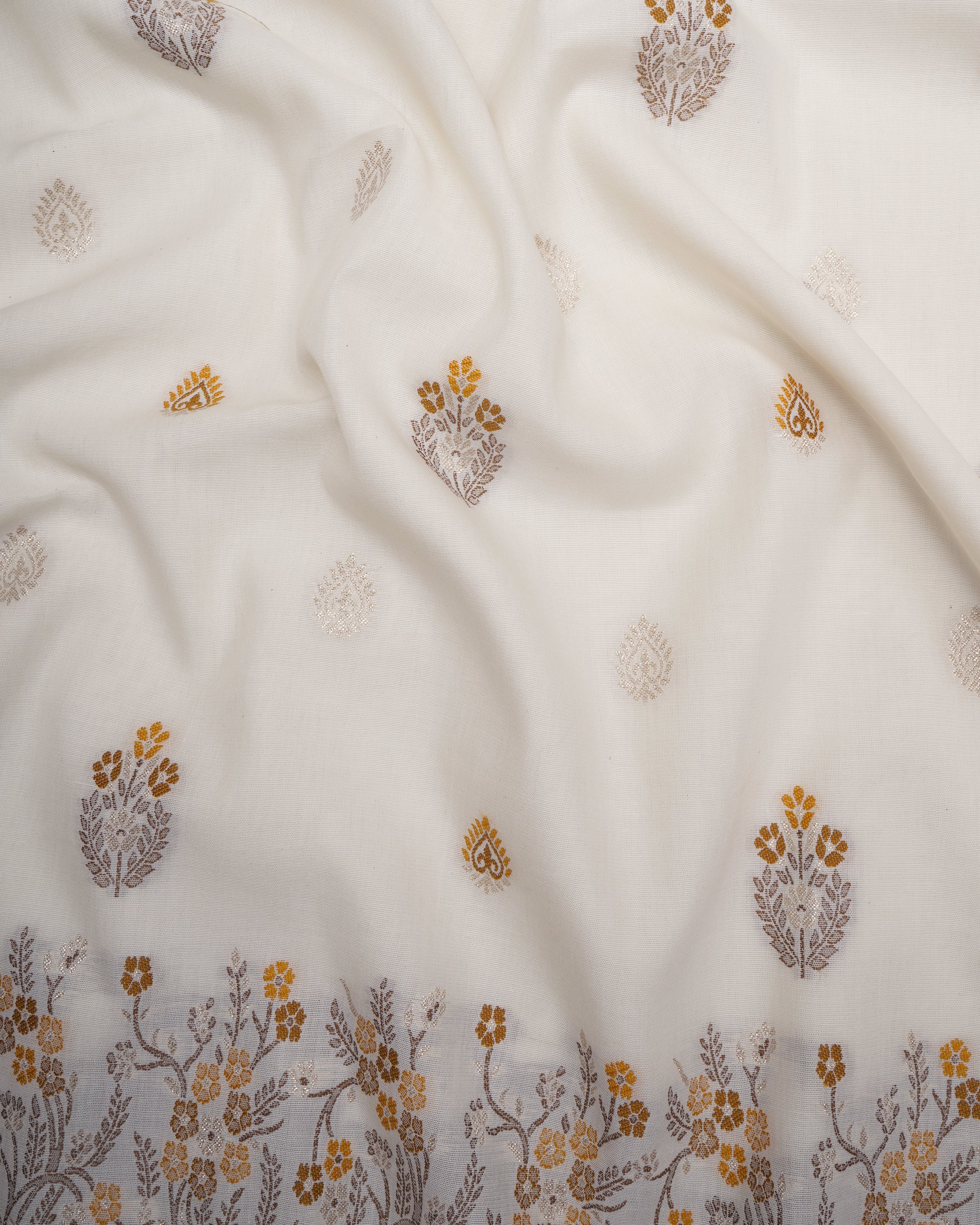 Off White-Mustard Floral Pattern Fancy Woven Fancy Cotton Unstitched Suit Set (Top & Dupatta)