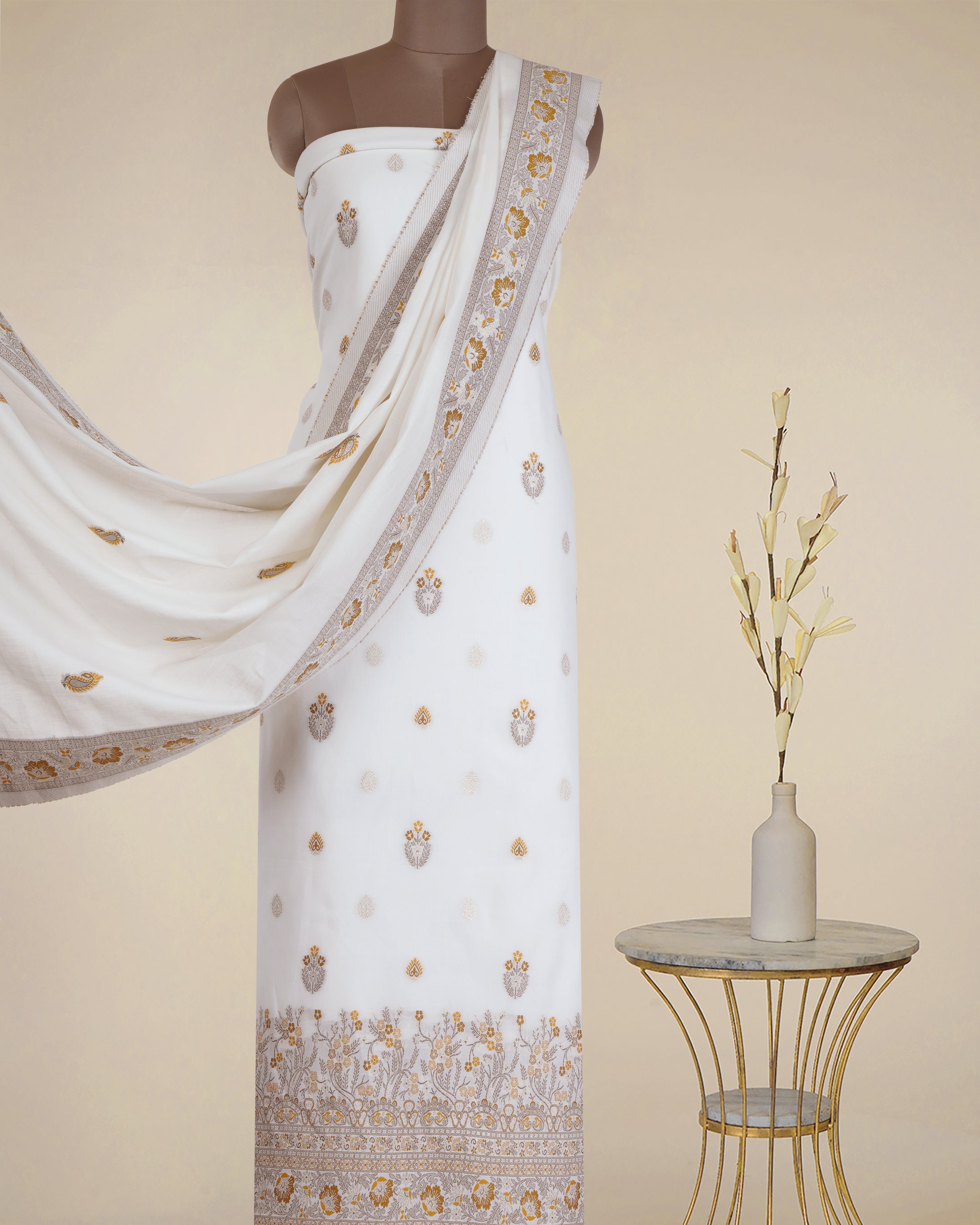 Off White-Mustard Floral Pattern Fancy Woven Fancy Cotton Unstitched Suit Set (Top & Dupatta)