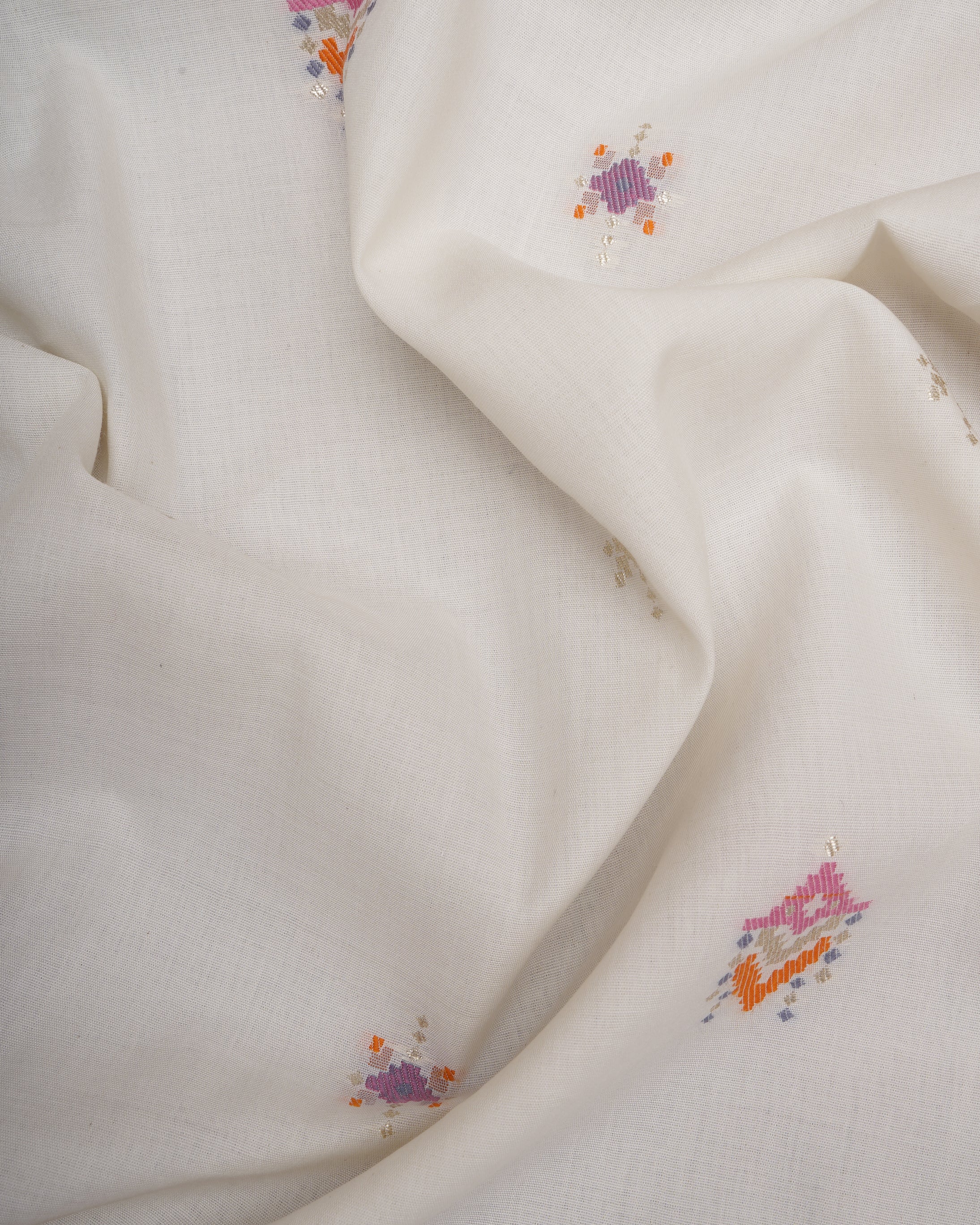 Off White-Orange Floral Pattern Fancy Woven Fancy Cotton Unstitched Suit Set (Top & Dupatta)
