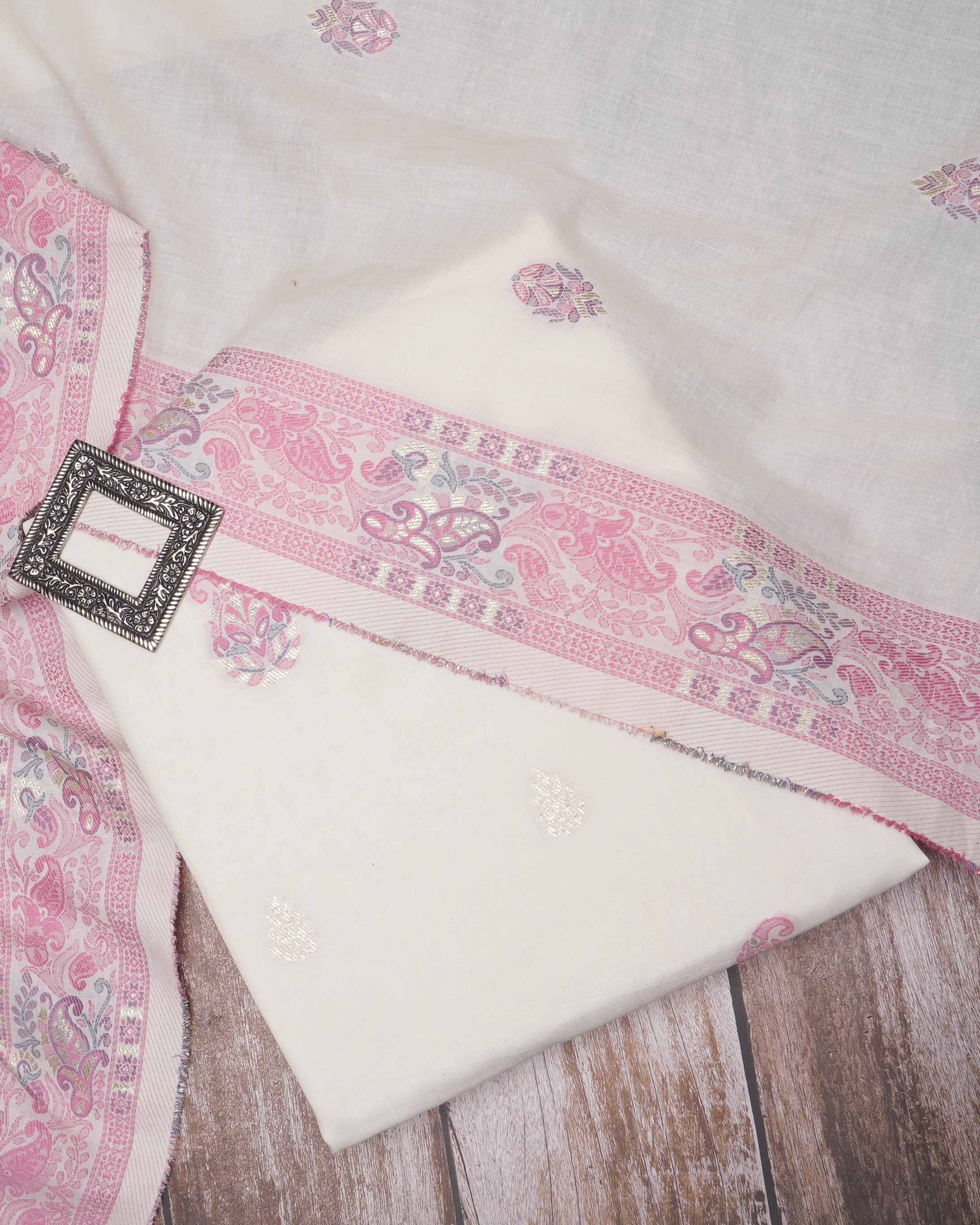 Off White-Pink Floral Pattern Fancy Woven Fancy Cotton Unstitched Suit Set (Top & Dupatta)
