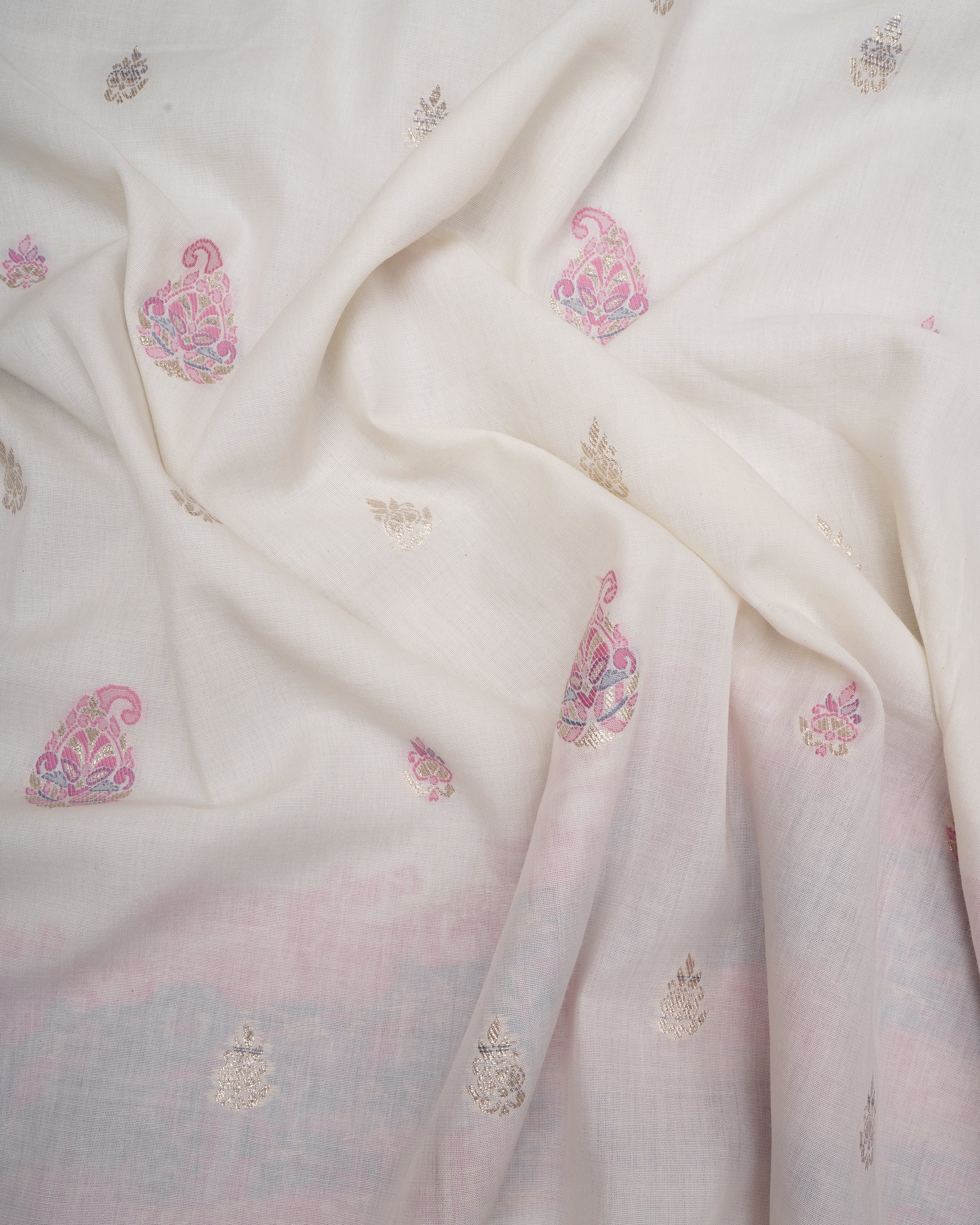 Off White-Pink Floral Pattern Fancy Woven Fancy Cotton Unstitched Suit Set (Top & Dupatta)