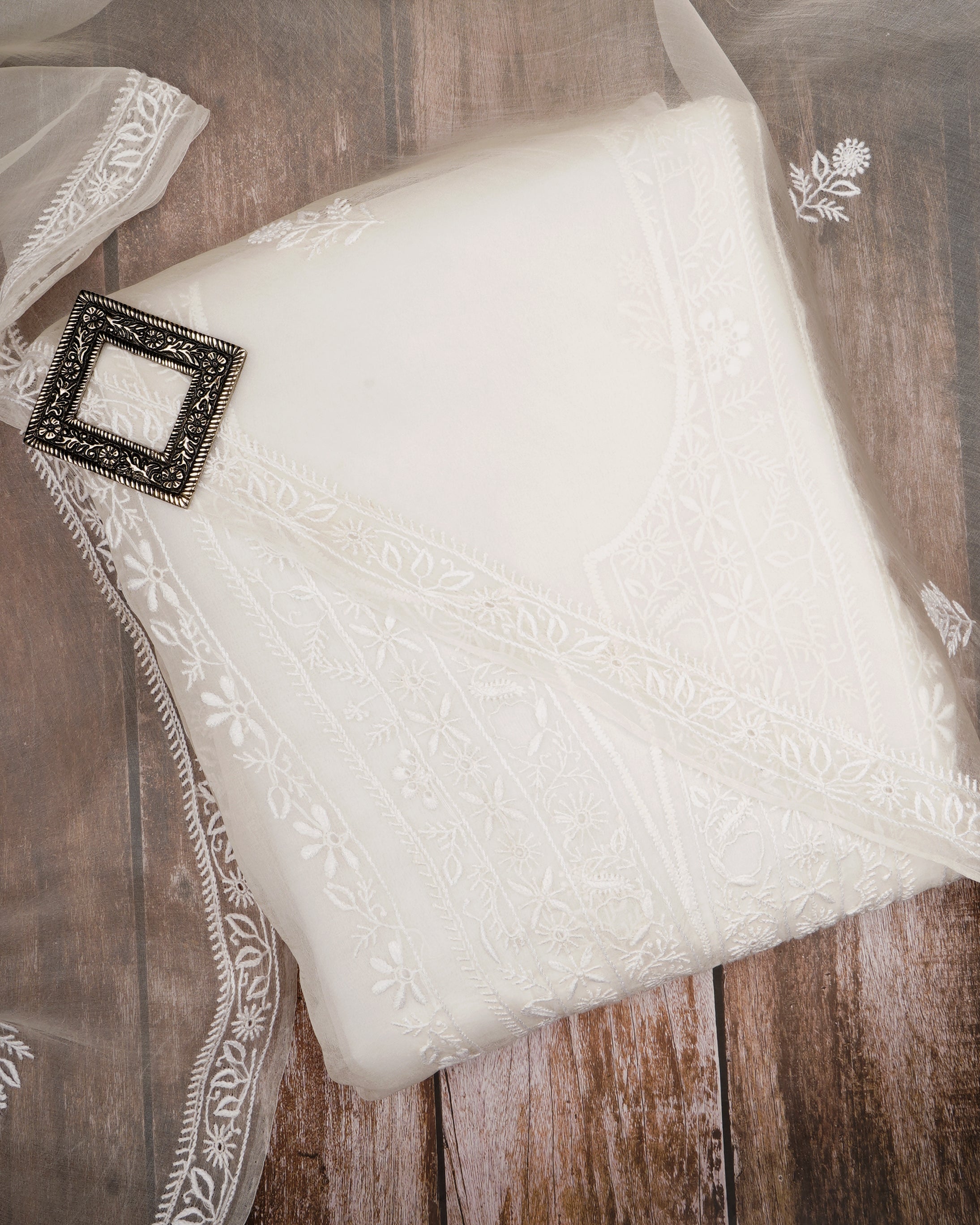 White Handcrafted Chikankari Embroidered Organza Unstitched Suit Set (Top & Dupatta)