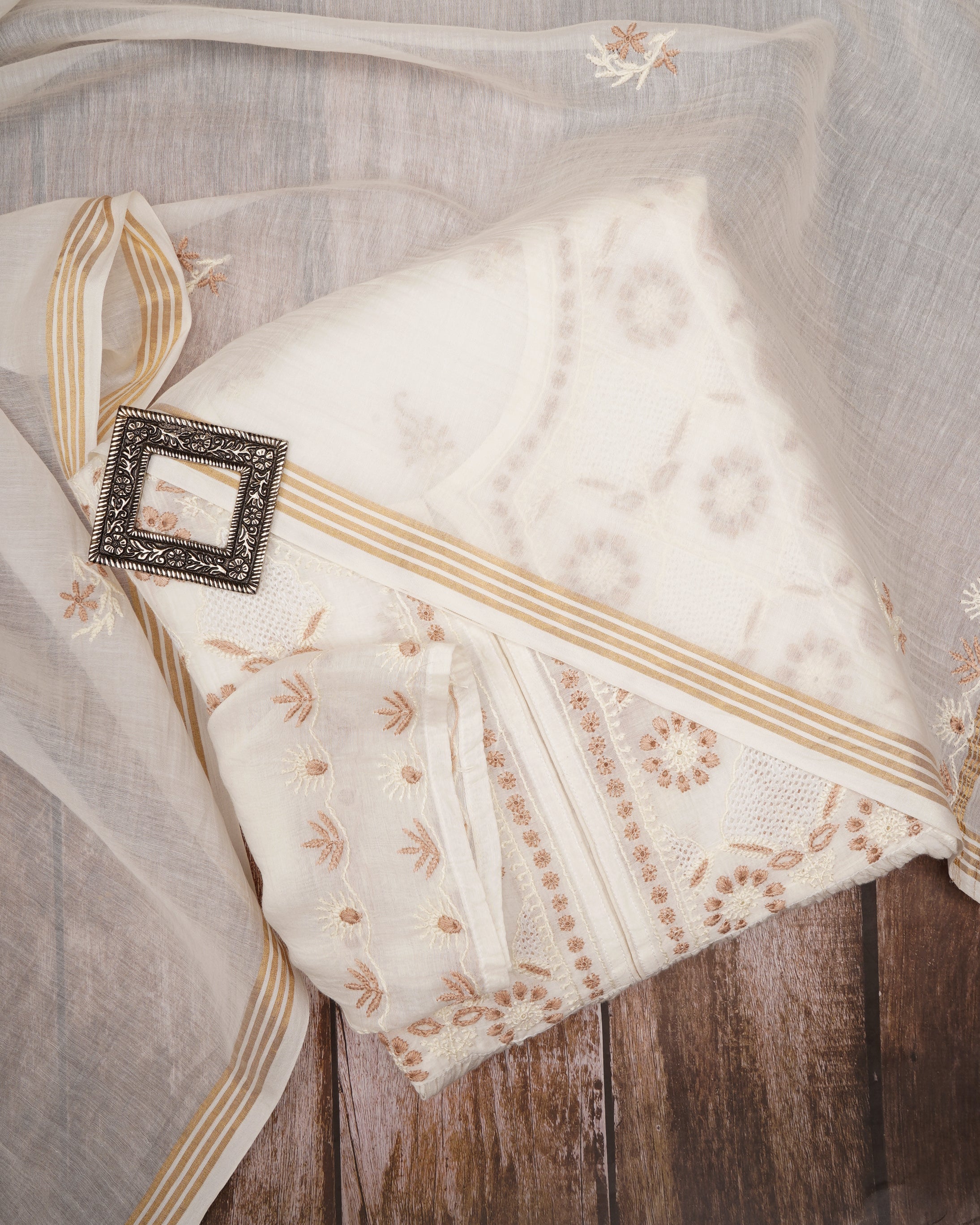 White Handcrafted Chikankari Embroidered Chanderi Unstitched Suit Set (Top & Dupatta)