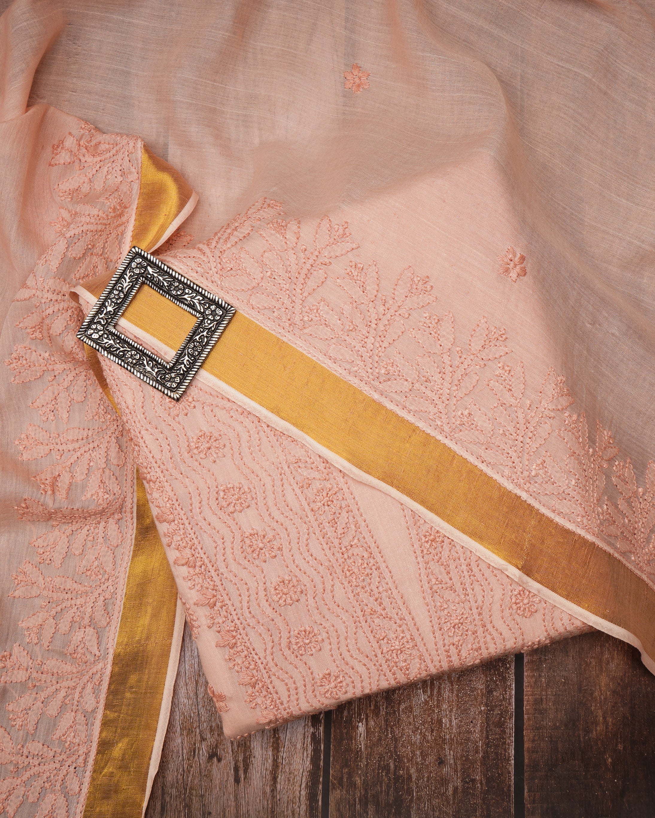 Coral Pink Handcrafted Mukaish Work Chikankari Embroidered Cotton Unstitched Suit Set (Top & Dupatta)