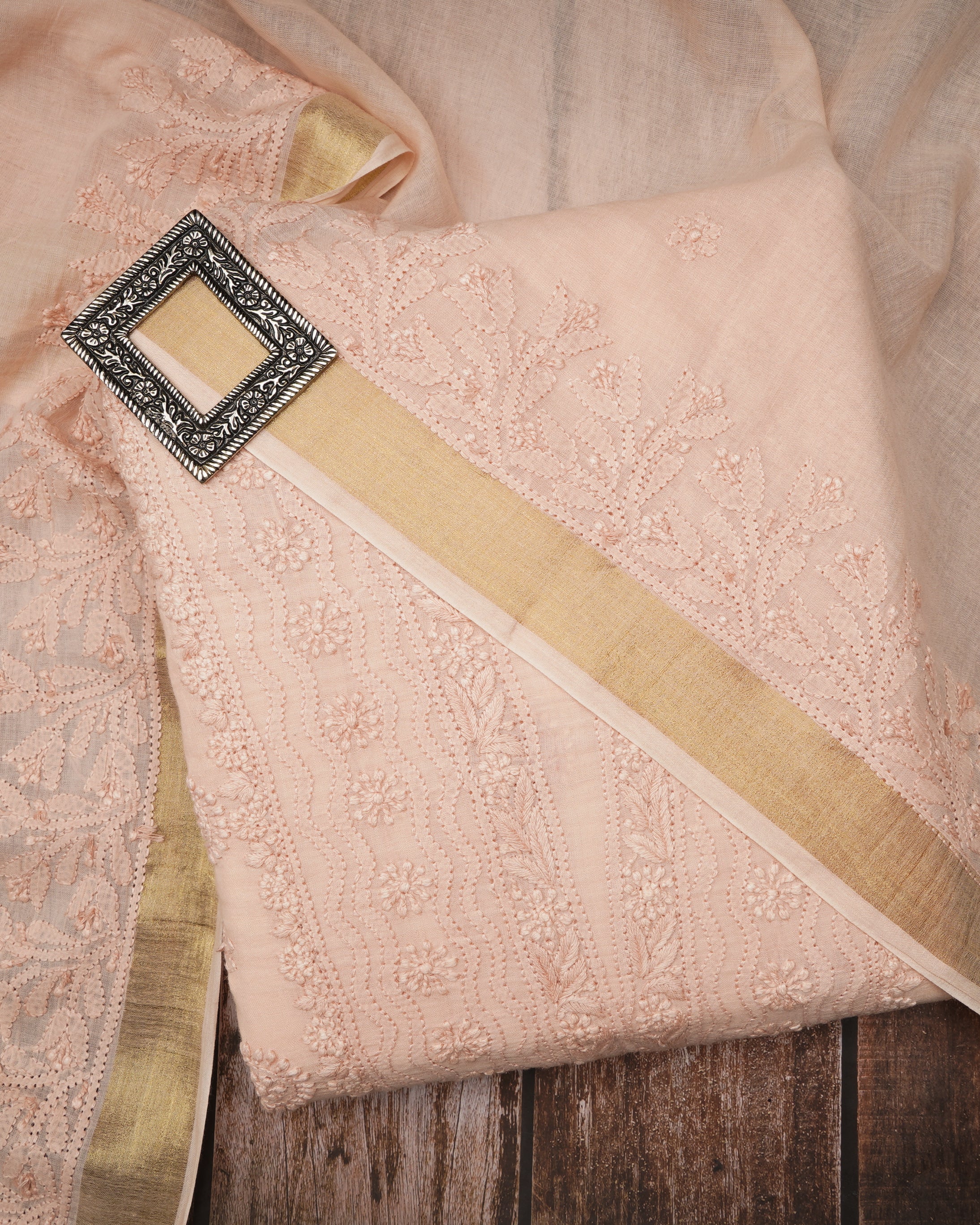 Pale Peach Handcrafted Chikankari Embroidered Cotton Unstitched Suit Set (Top & Dupatta)