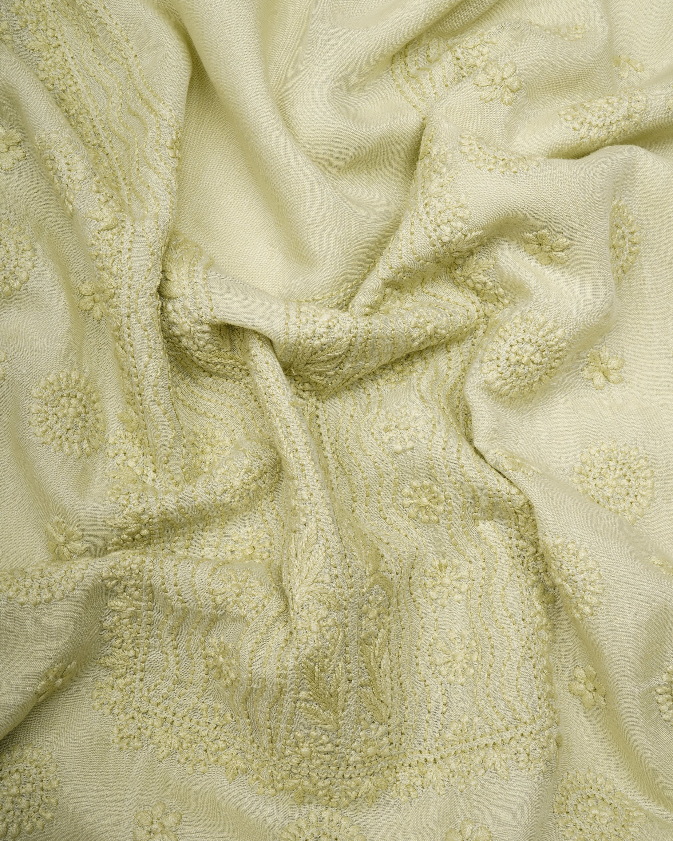 White Jade Handcrafted Chikankari Embroidered Cotton Unstitched Suit Set (Top & Dupatta)