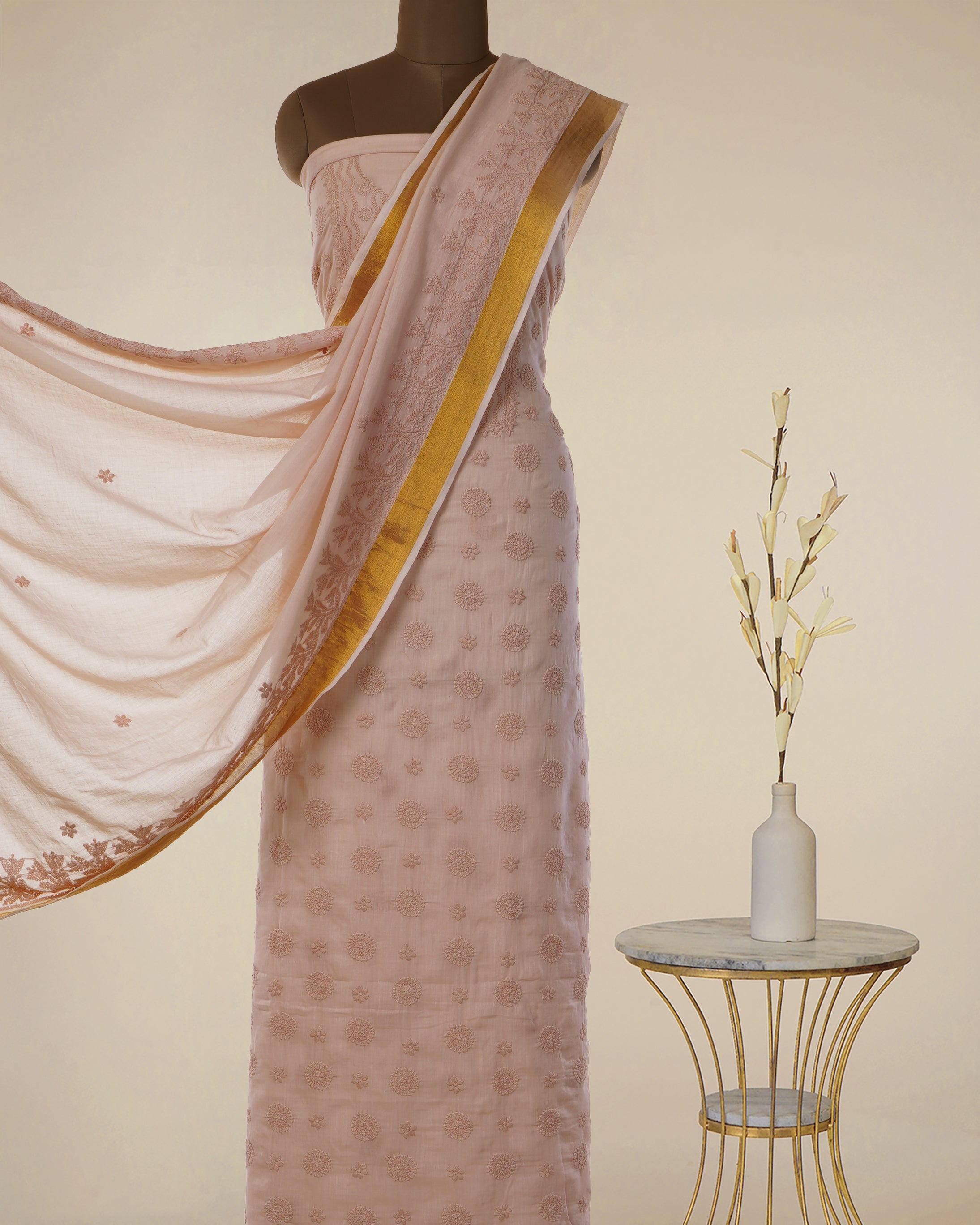 Powder Pink Handcrafted Chikankari Embroidered Cotton Unstitched Suit Set (Top & Dupatta)
