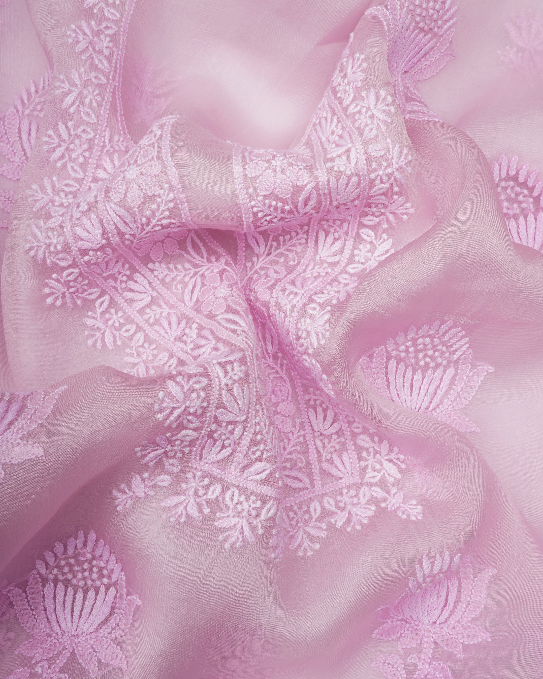 Baby Pink Handcrafted Mukaish Work Chikankari Embroidered Organza Unstitched Suit Set (Top & Dupatta)