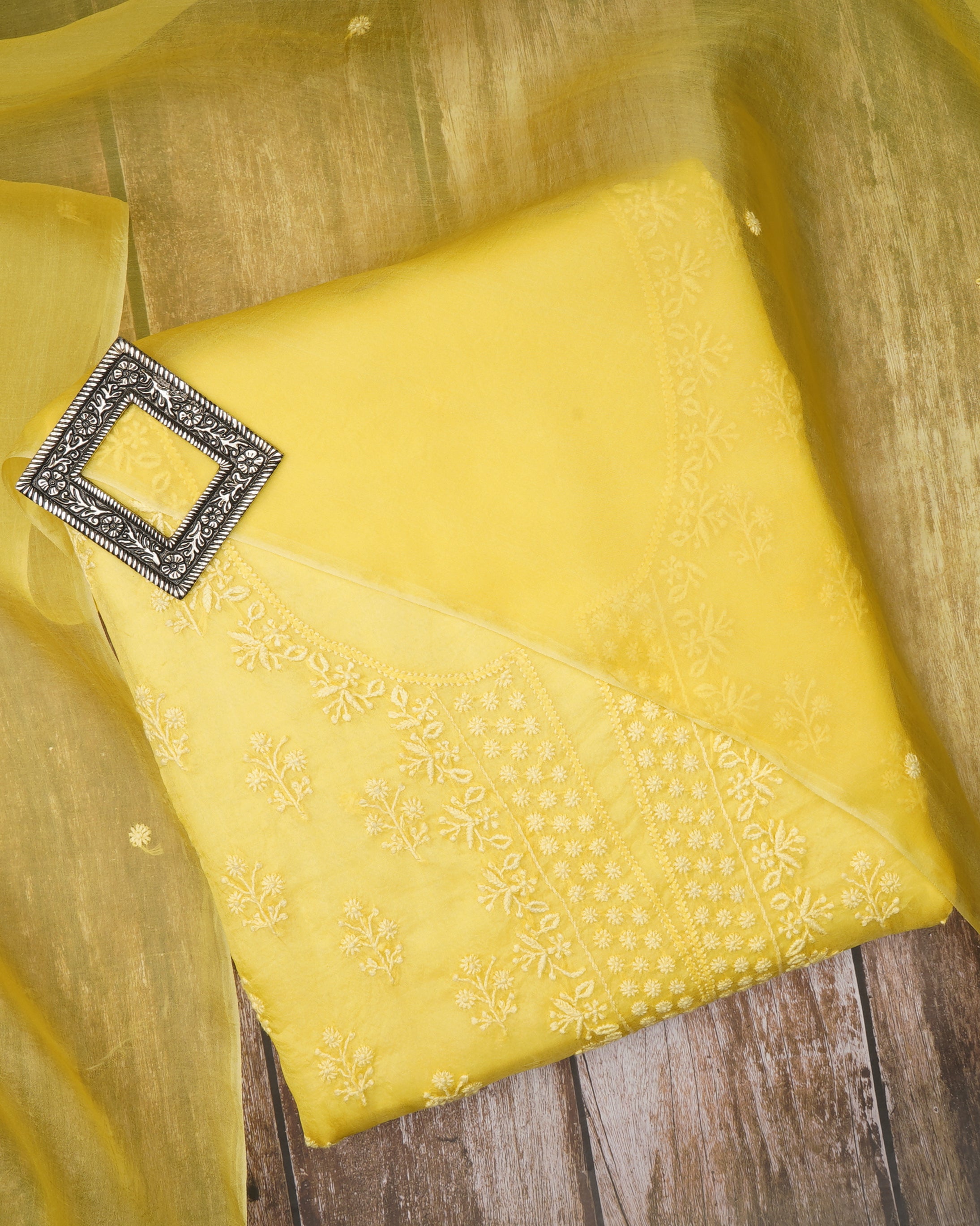 Yellow Handcrafted Mukaish Work Chikankari Embroidered Organza Unstitched Suit Set (Top & Dupatta)