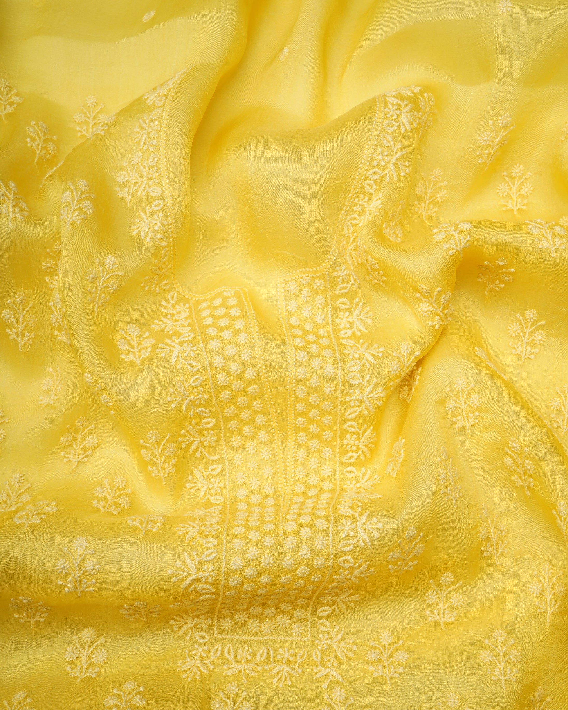 Yellow Handcrafted Mukaish Work Chikankari Embroidered Organza Unstitched Suit Set (Top & Dupatta)
