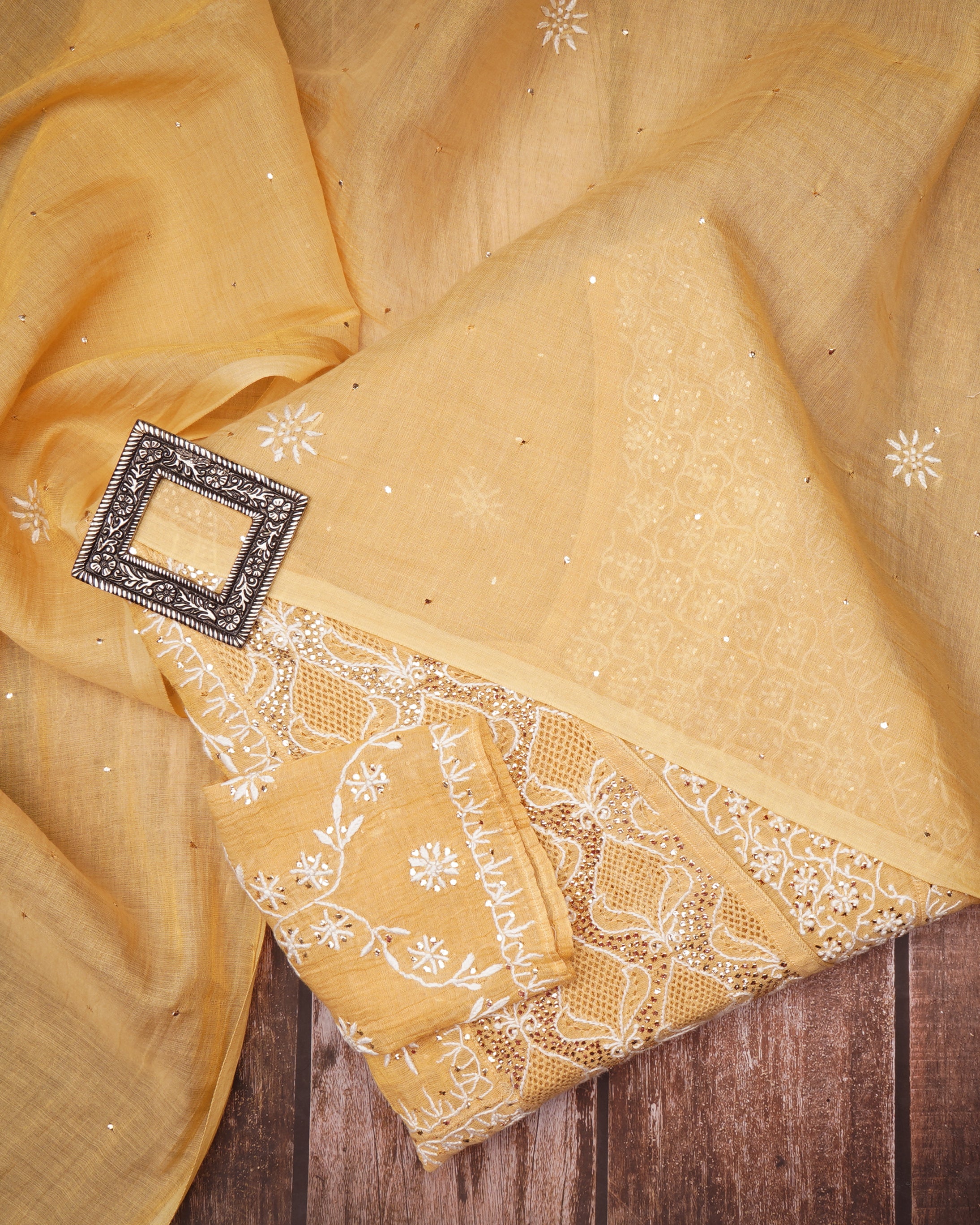 Flax Handcrafted Mukaish Work Chikankari Embroidered Tissue Chanderi Unstitched Suit Set (Top & Dupatta)