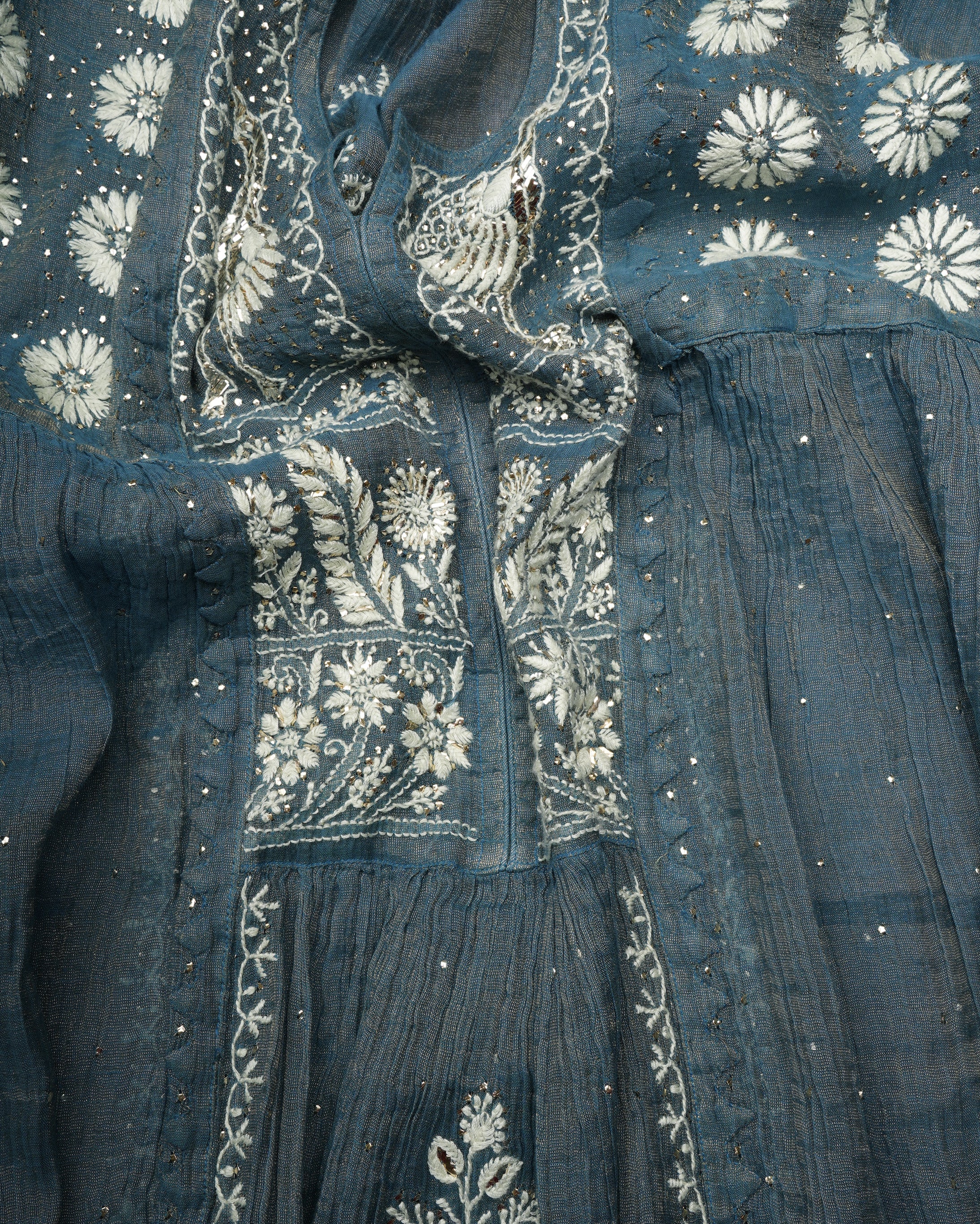 Bluesteel Handcrafted Mukaish Work Chikankari Embroidered Tissue Chanderi Unstitched Suit Set (Top & Dupatta)
