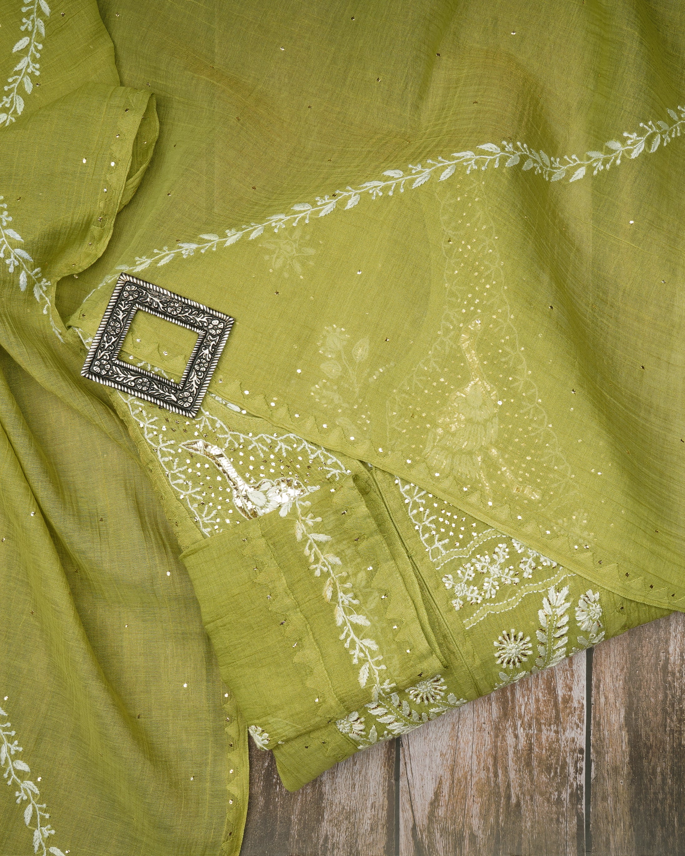 Herbal Garden Handcrafted Mukaish Work Chikankari Embroidered Tissue Chanderi Unstitched Suit Set (Top & Dupatta)