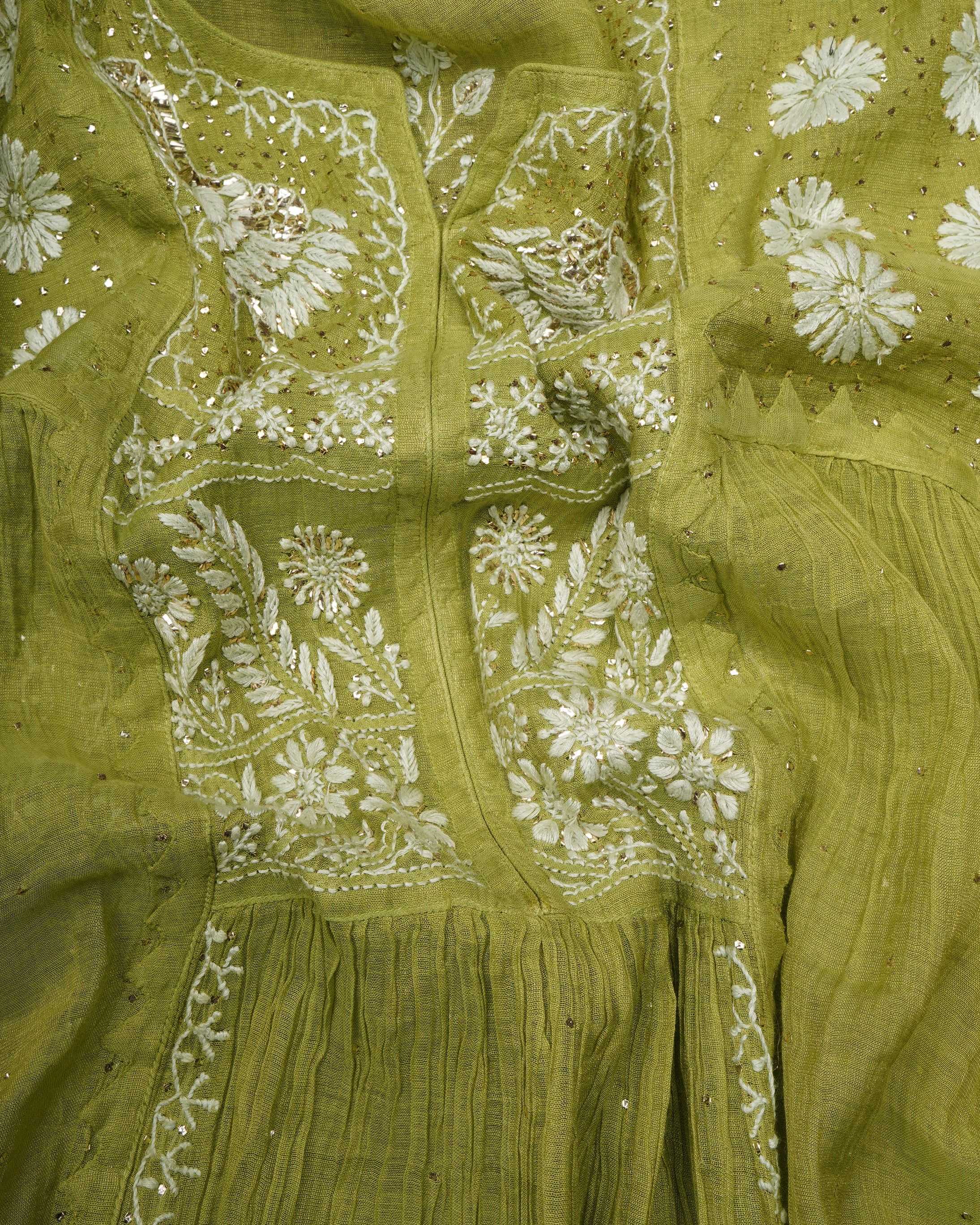 Herbal Garden Handcrafted Mukaish Work Chikankari Embroidered Tissue Chanderi Unstitched Suit Set (Top & Dupatta)