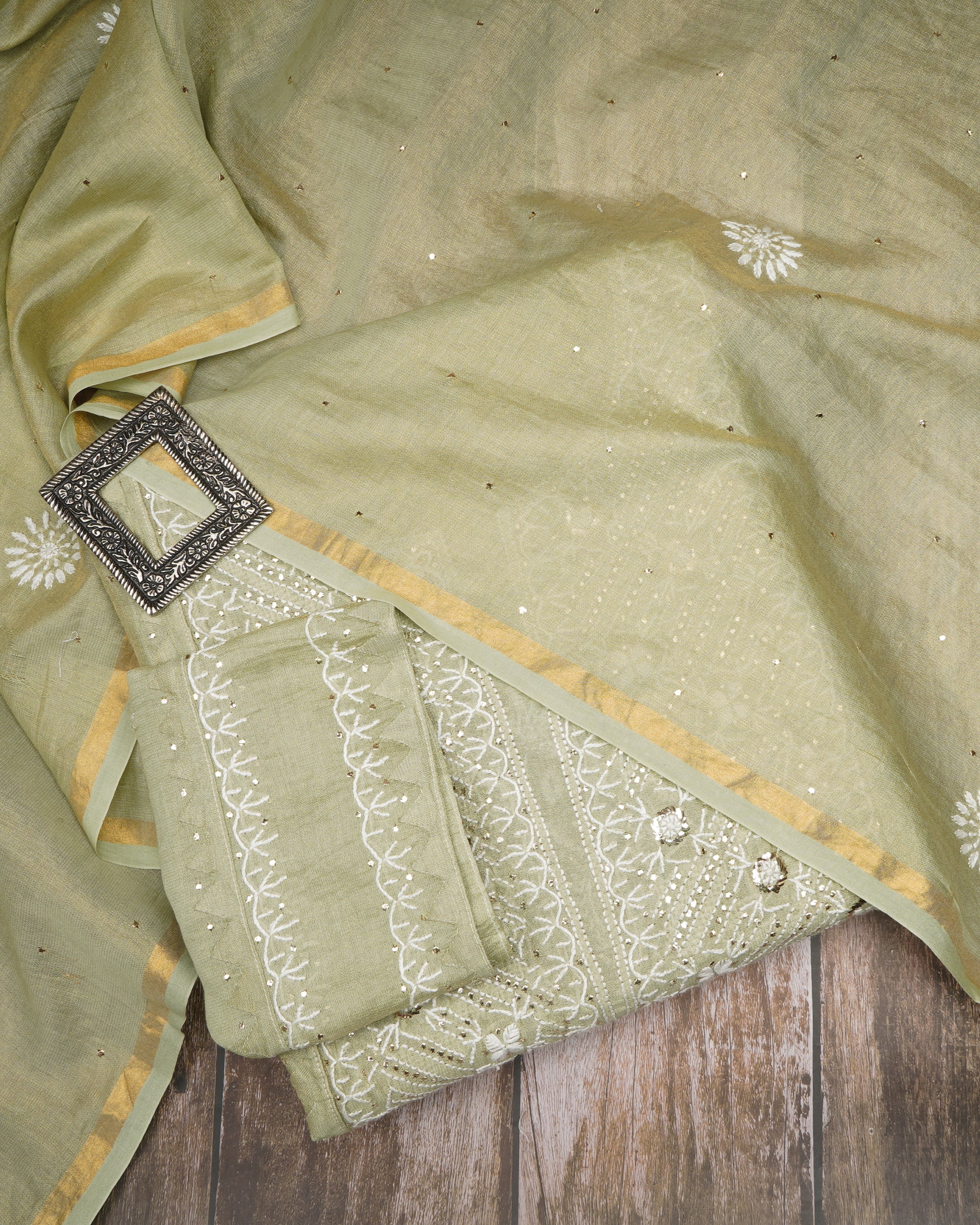 White Jade Handcrafted Mukaish Work Chikankari Embroidered Tissue Chanderi Unstitched Suit Set (Top & Dupatta)