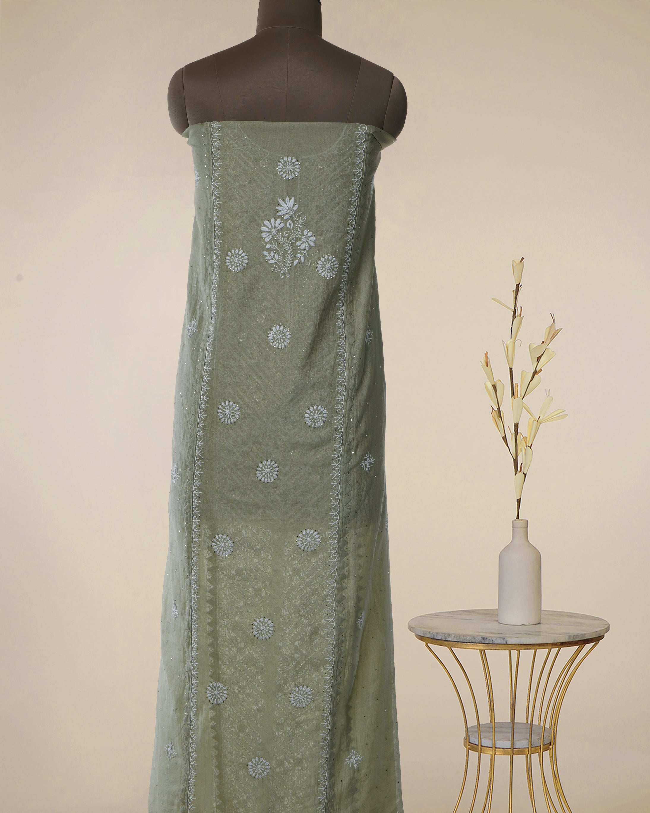 White Jade Handcrafted Mukaish Work Chikankari Embroidered Tissue Chanderi Unstitched Suit Set (Top & Dupatta)