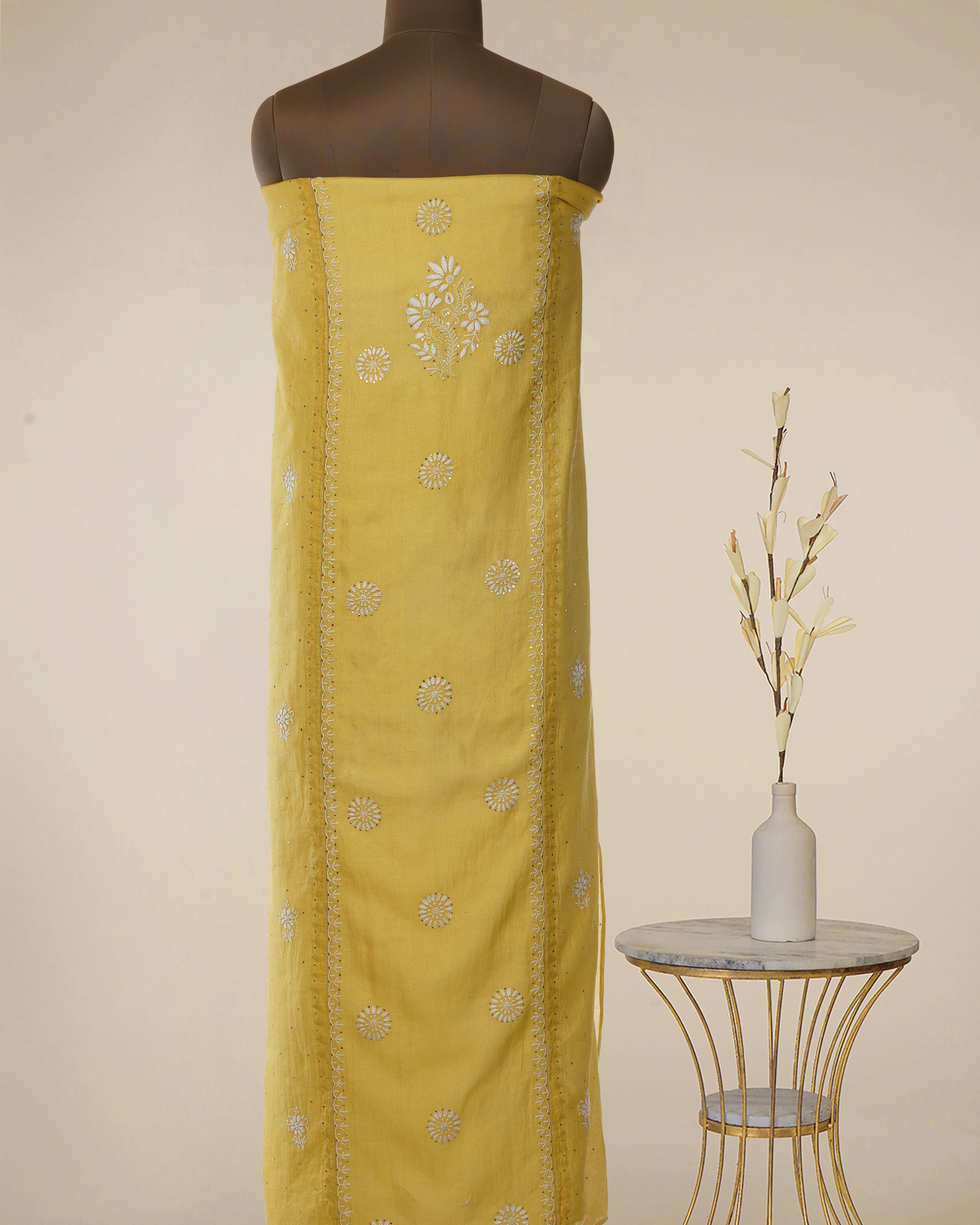 Lemon Zest Handcrafted Mukaish Work Chikankari Embroidered Tissue ChanderiUnstitched Suit Set (Top & Dupatta)