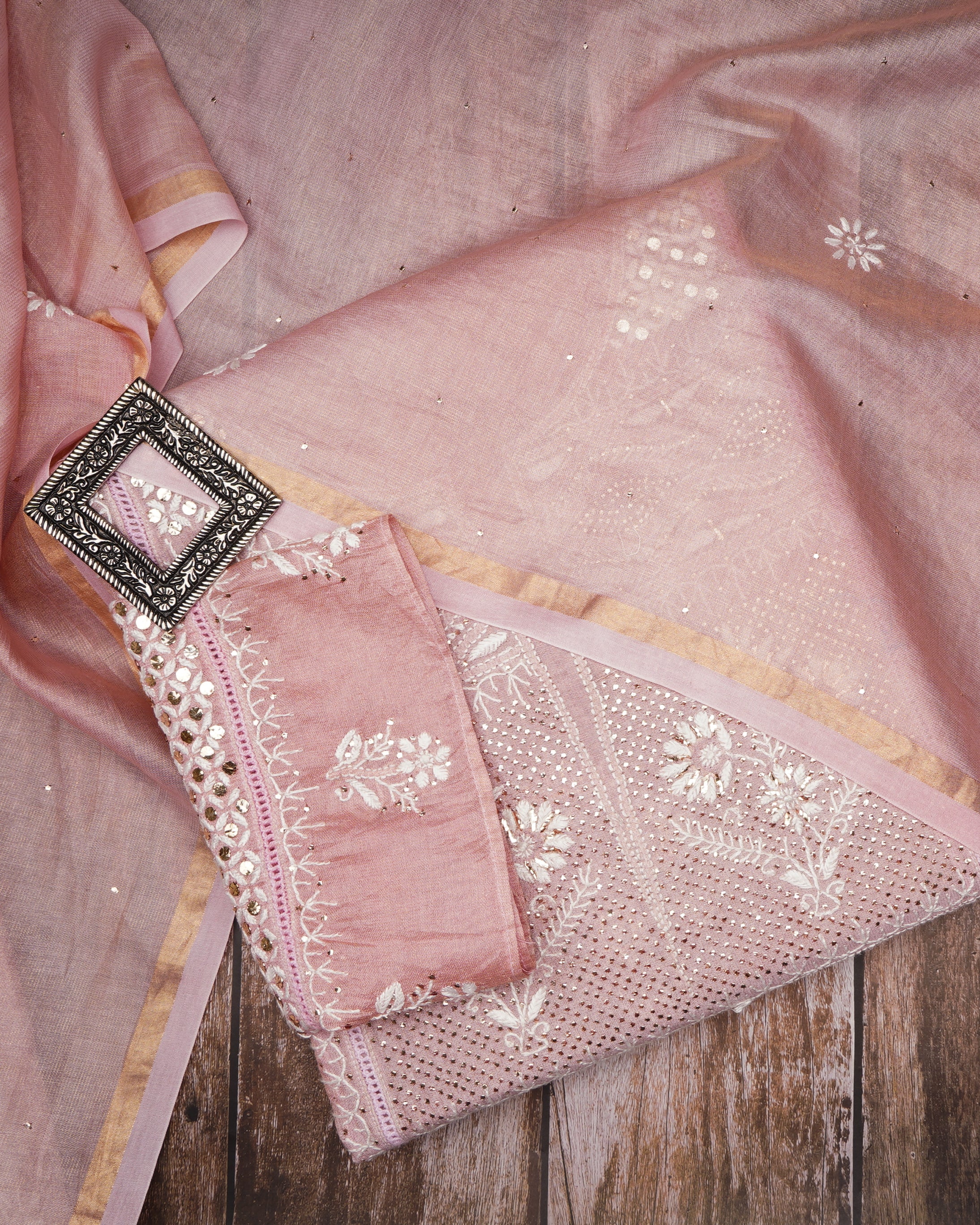 Strawberry Cream Handcrafted Mukaish Work Chikankari Embroidered Tissue ChanderiUnstitched Suit Set (Top & Dupatta)