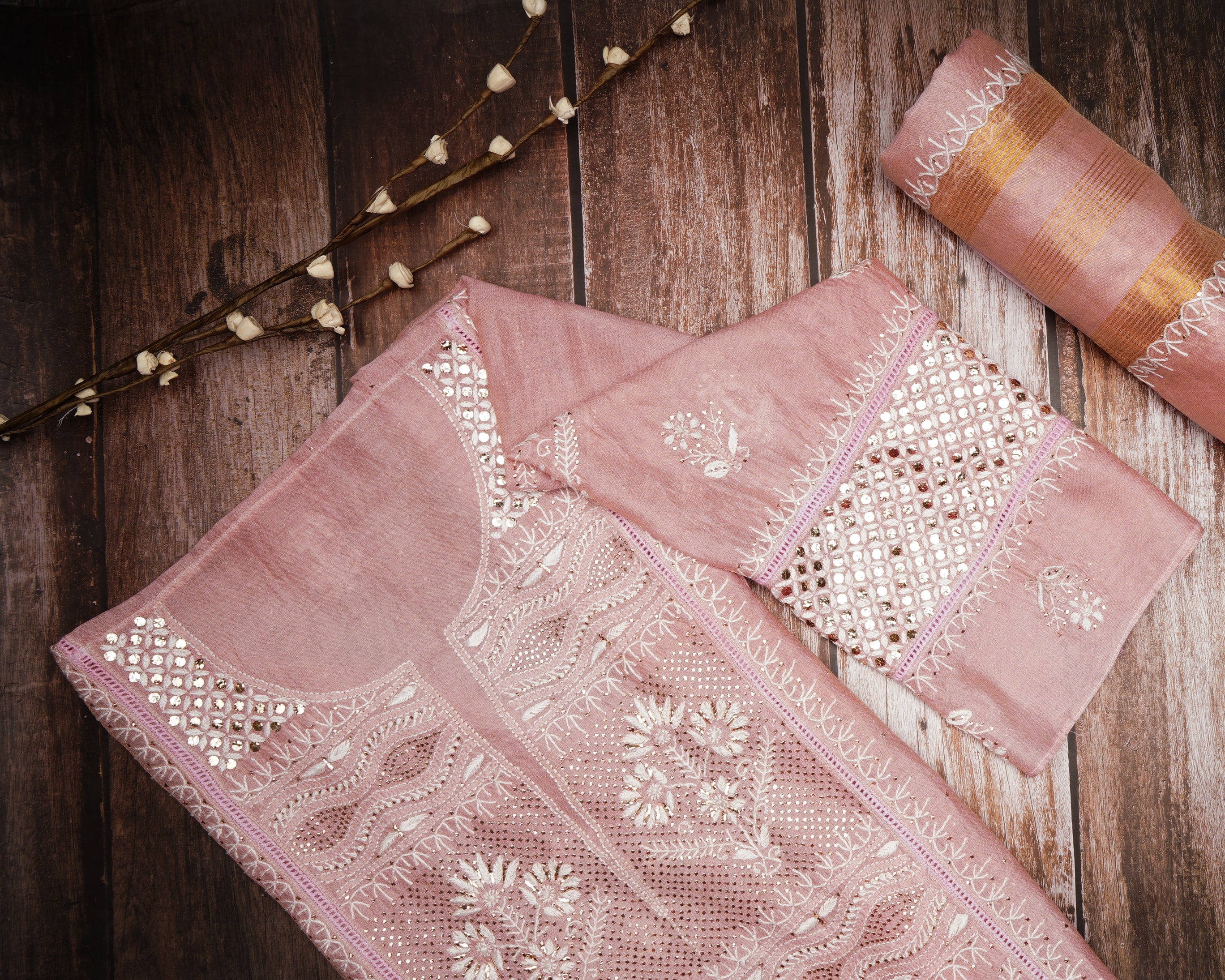 Strawberry Cream Handcrafted Mukaish Work Chikankari Embroidered Tissue ChanderiUnstitched Suit Set (Top & Dupatta)