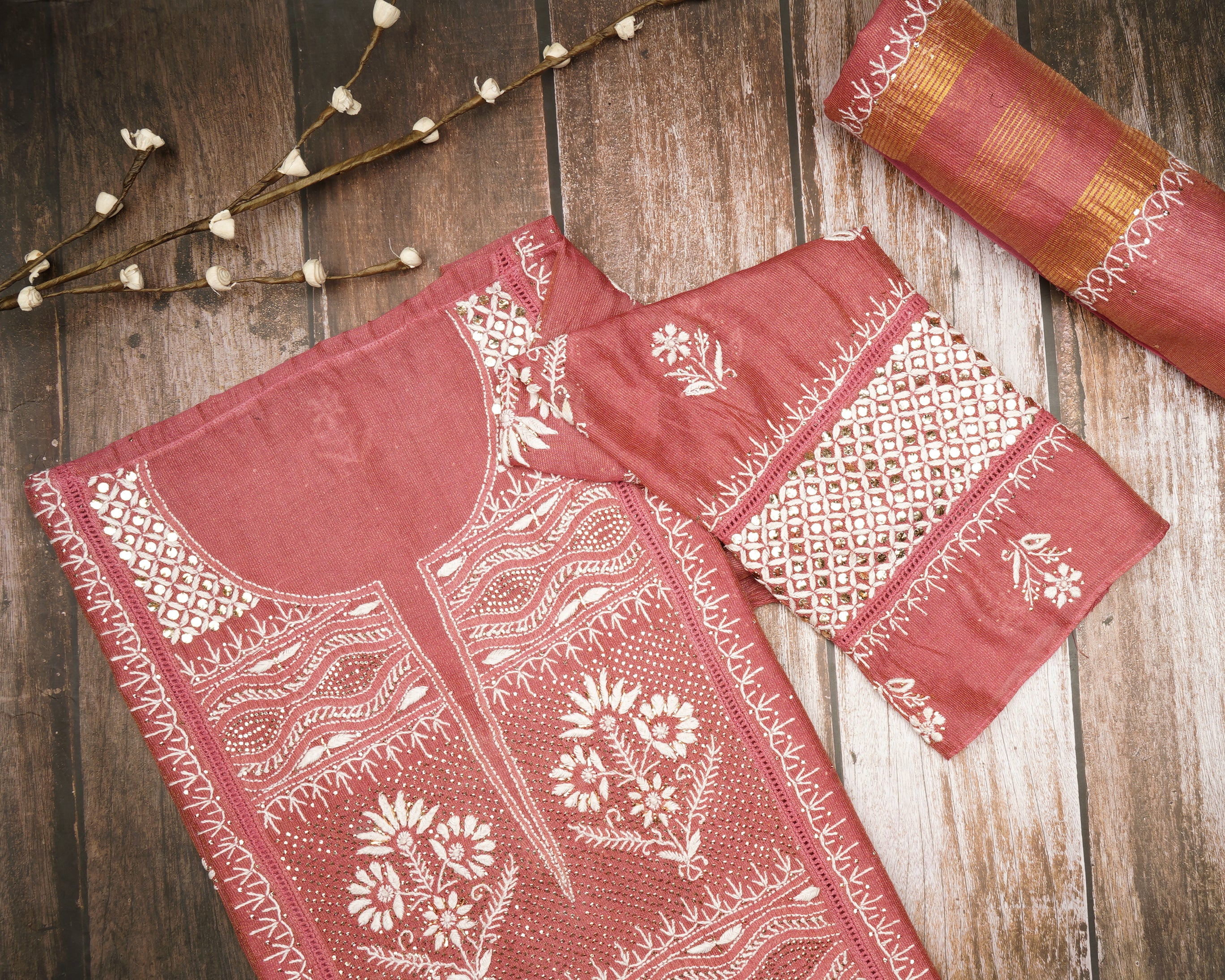Desert Rose Handcrafted Mukaish Work Chikankari Embroidered Tissue Chanderi Unstitched Suit Set (Top & Dupatta)