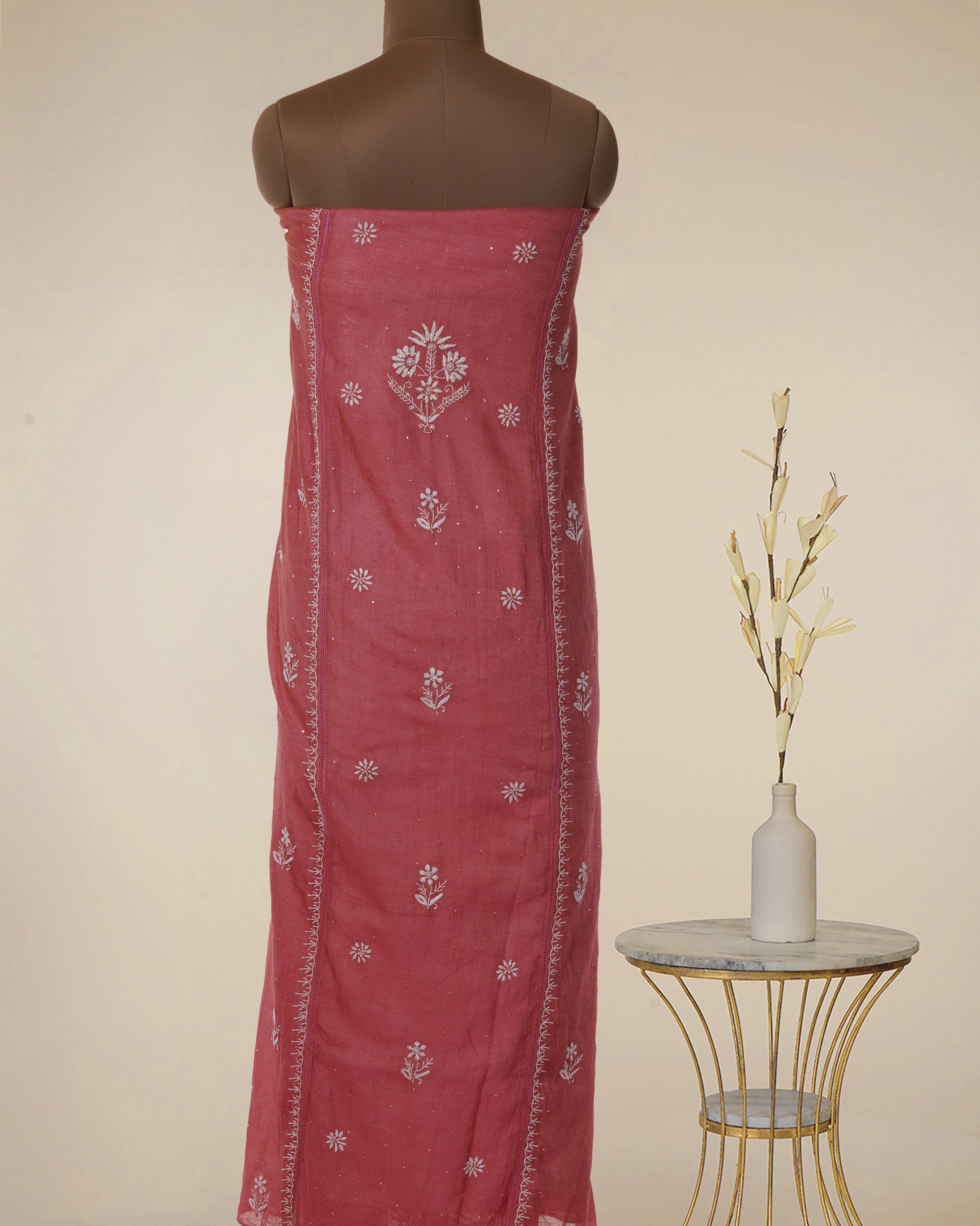 Desert Rose Handcrafted Mukaish Work Chikankari Embroidered Tissue Chanderi Unstitched Suit Set (Top & Dupatta)