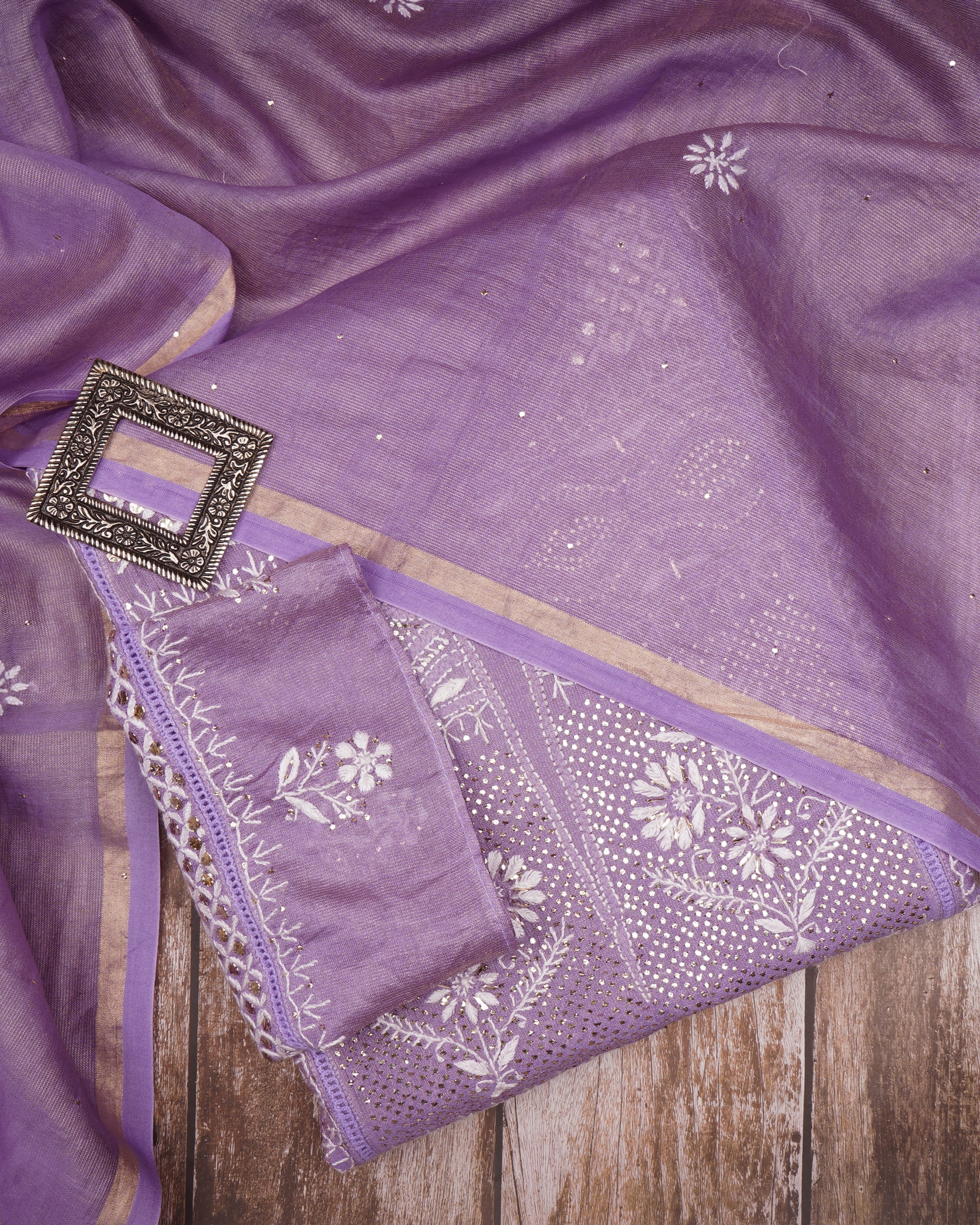 Lilac Breeze Handcrafted Mukaish Work Chikankari Embroidered Tissue ChanderiUnstitched Suit Set (Top & Dupatta)