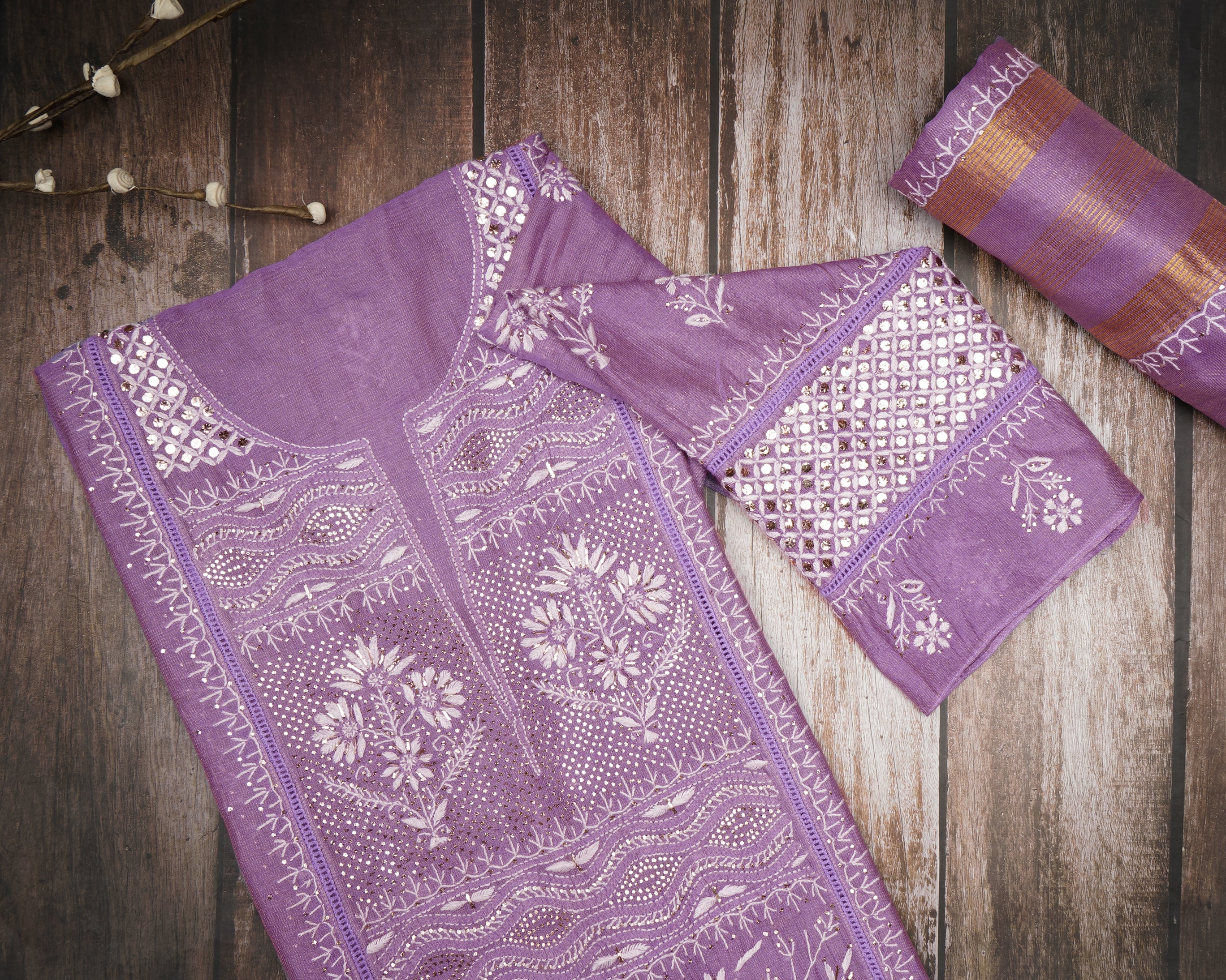 Lilac Breeze Handcrafted Mukaish Work Chikankari Embroidered Tissue ChanderiUnstitched Suit Set (Top & Dupatta)