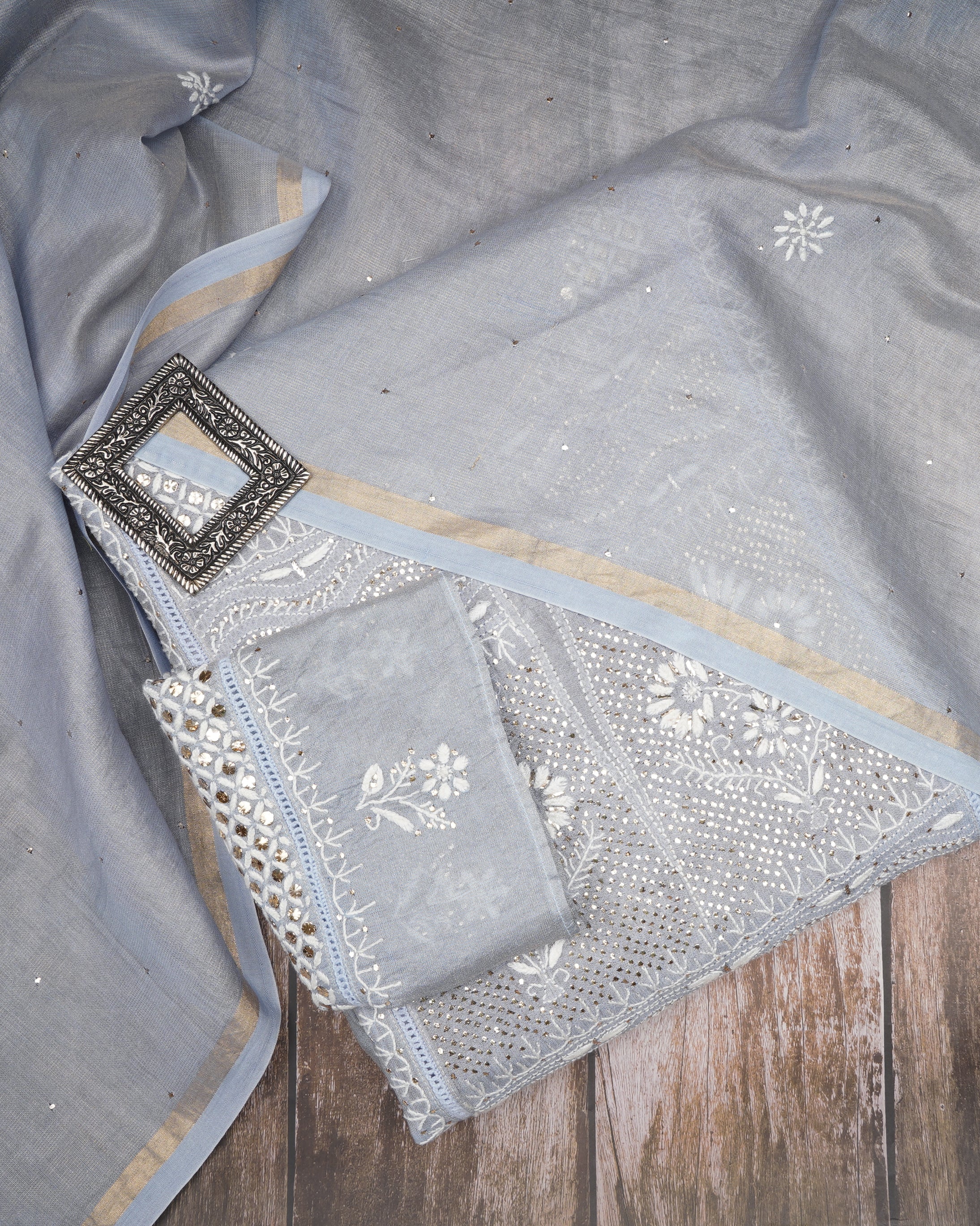 Winter Sky Handcrafted Mukaish Work Chikankari Embroidered Tissue Chanderi Unstitched Suit Set (Top & Dupatta)