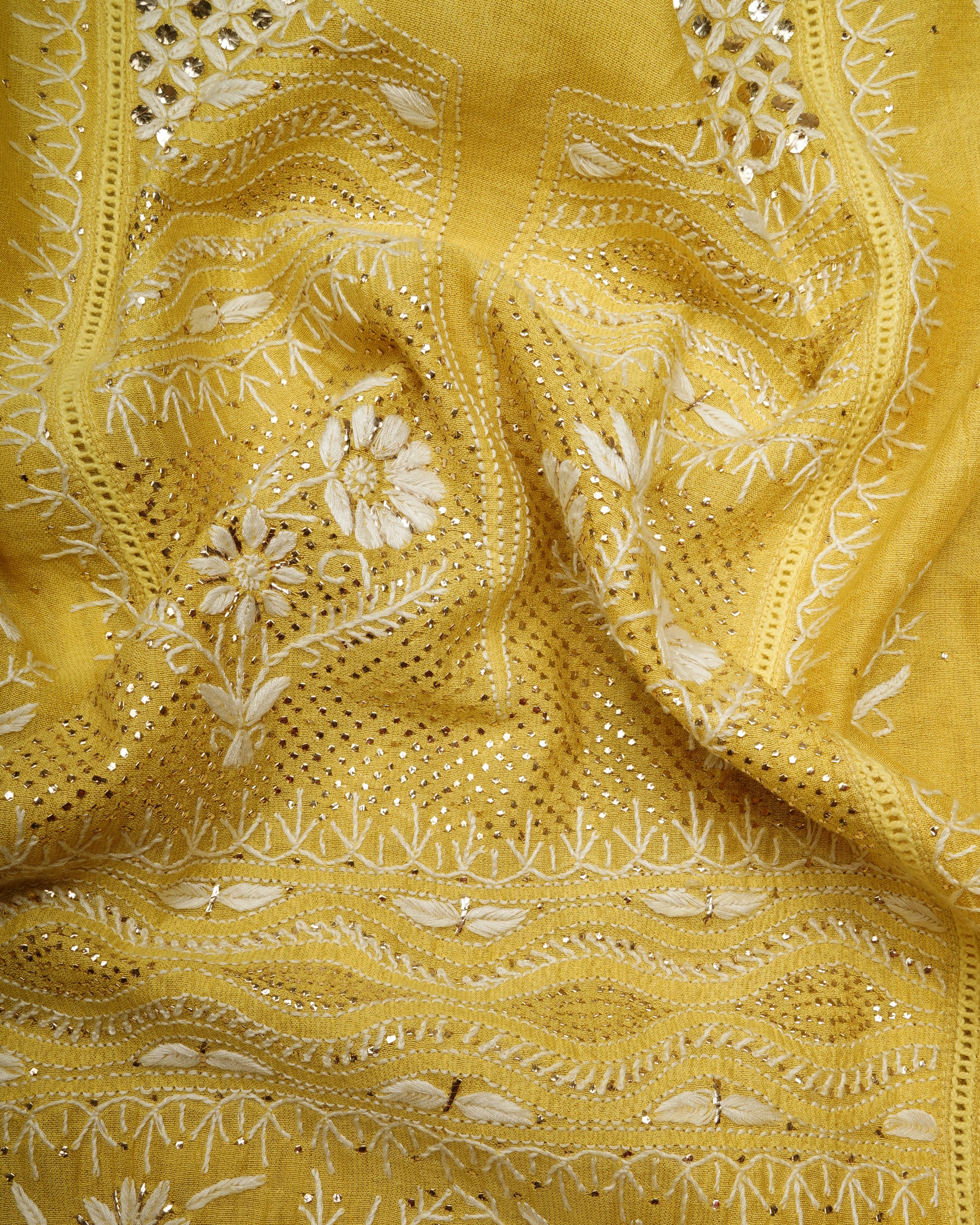 Lemon Zest Handcrafted Mukaish Work Chikankari Embroidered Tissue Chanderi Unstitched Suit Set (Top & Dupatta)