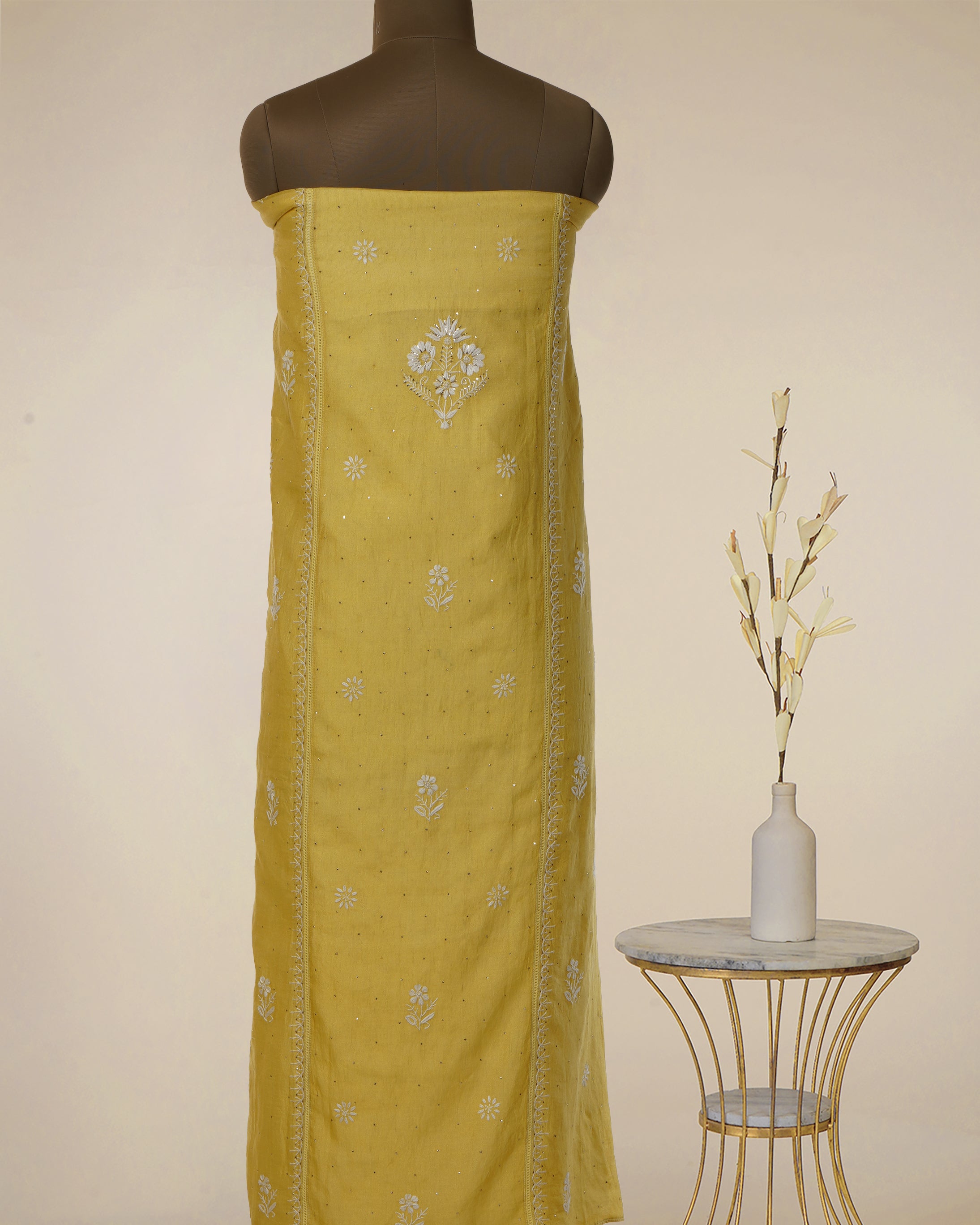 Lemon Zest Handcrafted Mukaish Work Chikankari Embroidered Tissue Chanderi Unstitched Suit Set (Top & Dupatta)