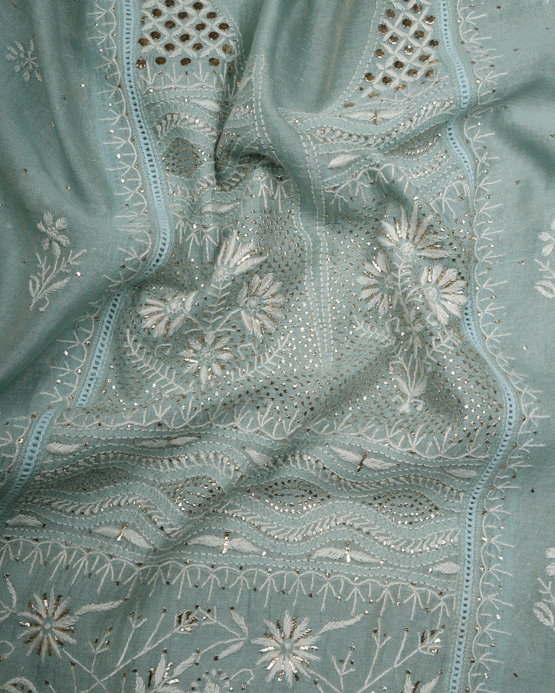 Cloud Blue Handcrafted Mukaish Work Chikankari Embroidered Tissue Chanderi Unstitched Suit Set (Top & Dupatta)
