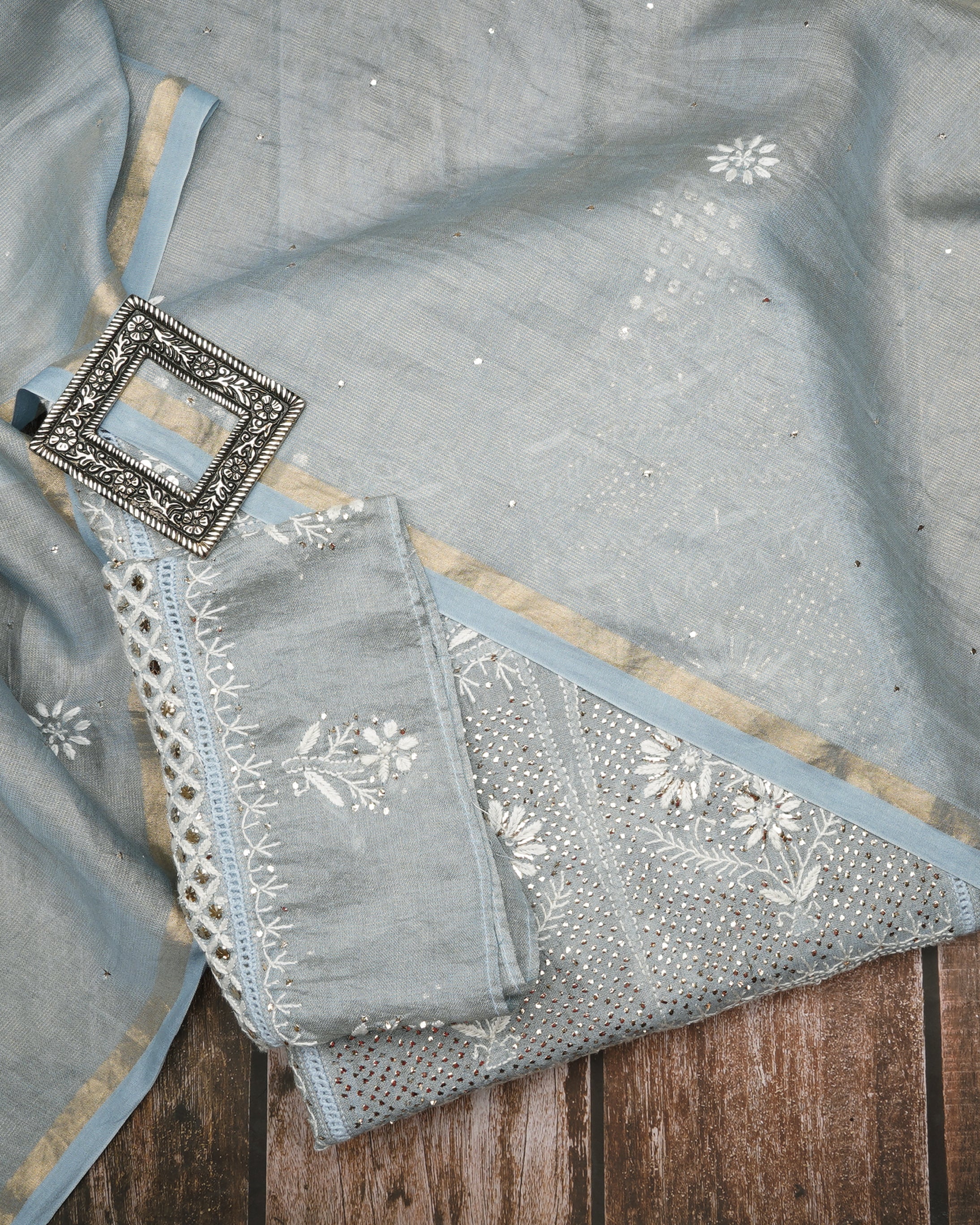 Icy Morn Handcrafted Mukaish Work Chikankari Embroidered Tissue Chanderi Unstitched Suit Set (Top & Dupatta)