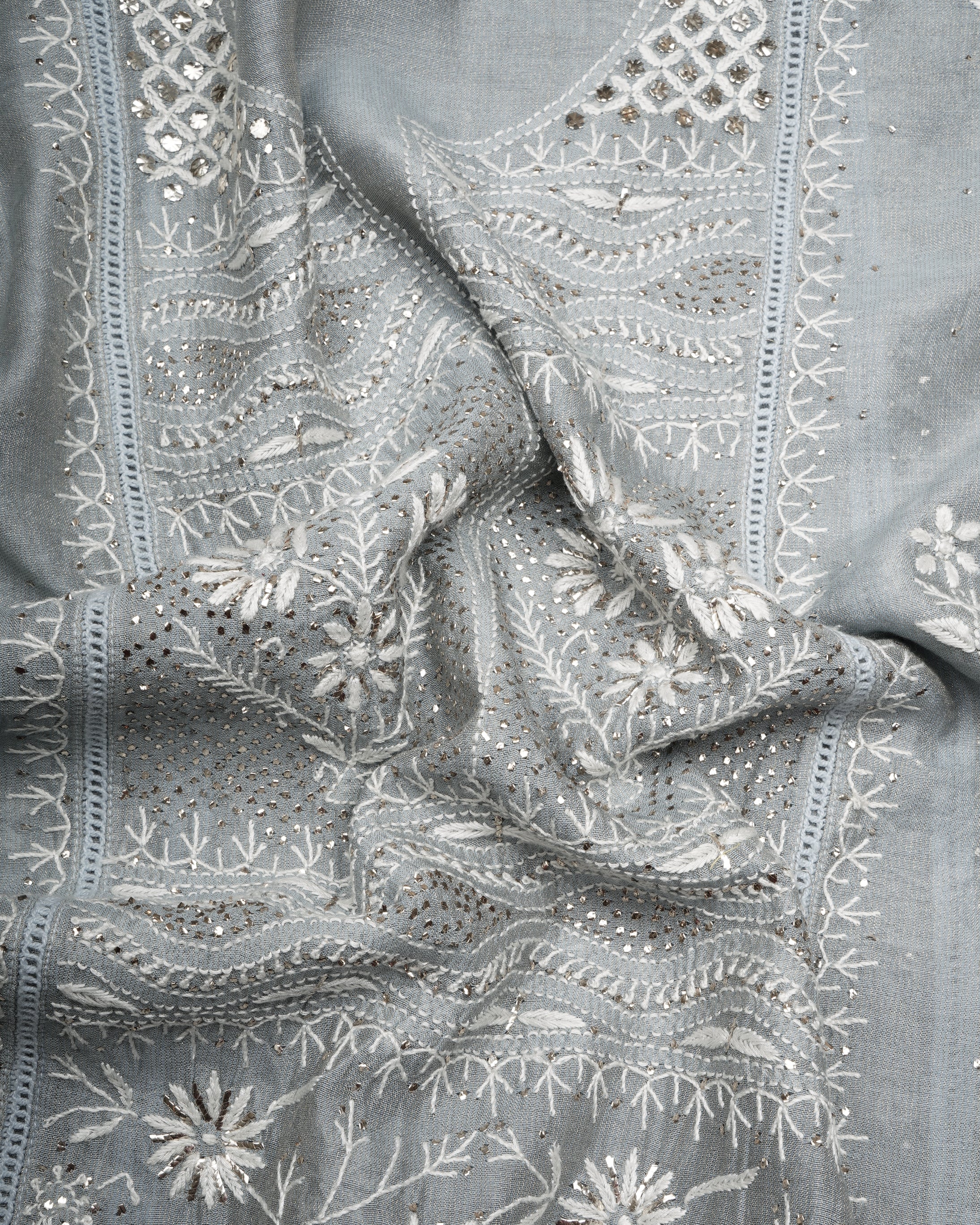Icy Morn Handcrafted Mukaish Work Chikankari Embroidered Tissue Chanderi Unstitched Suit Set (Top & Dupatta)