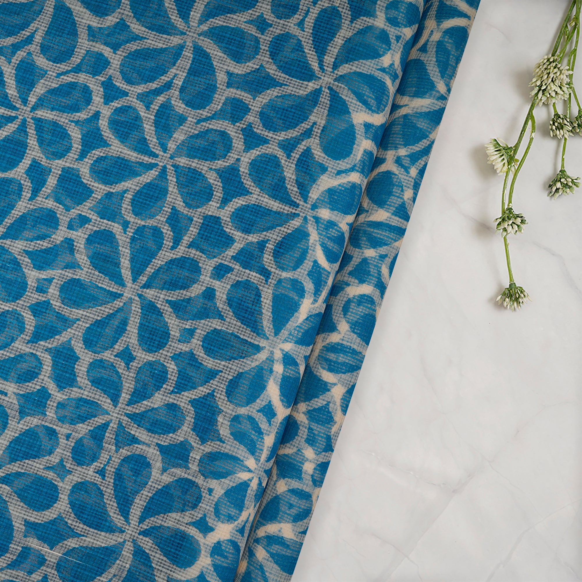 Light Blue All Over Pattern Screen Print Kota Silk Fabrics