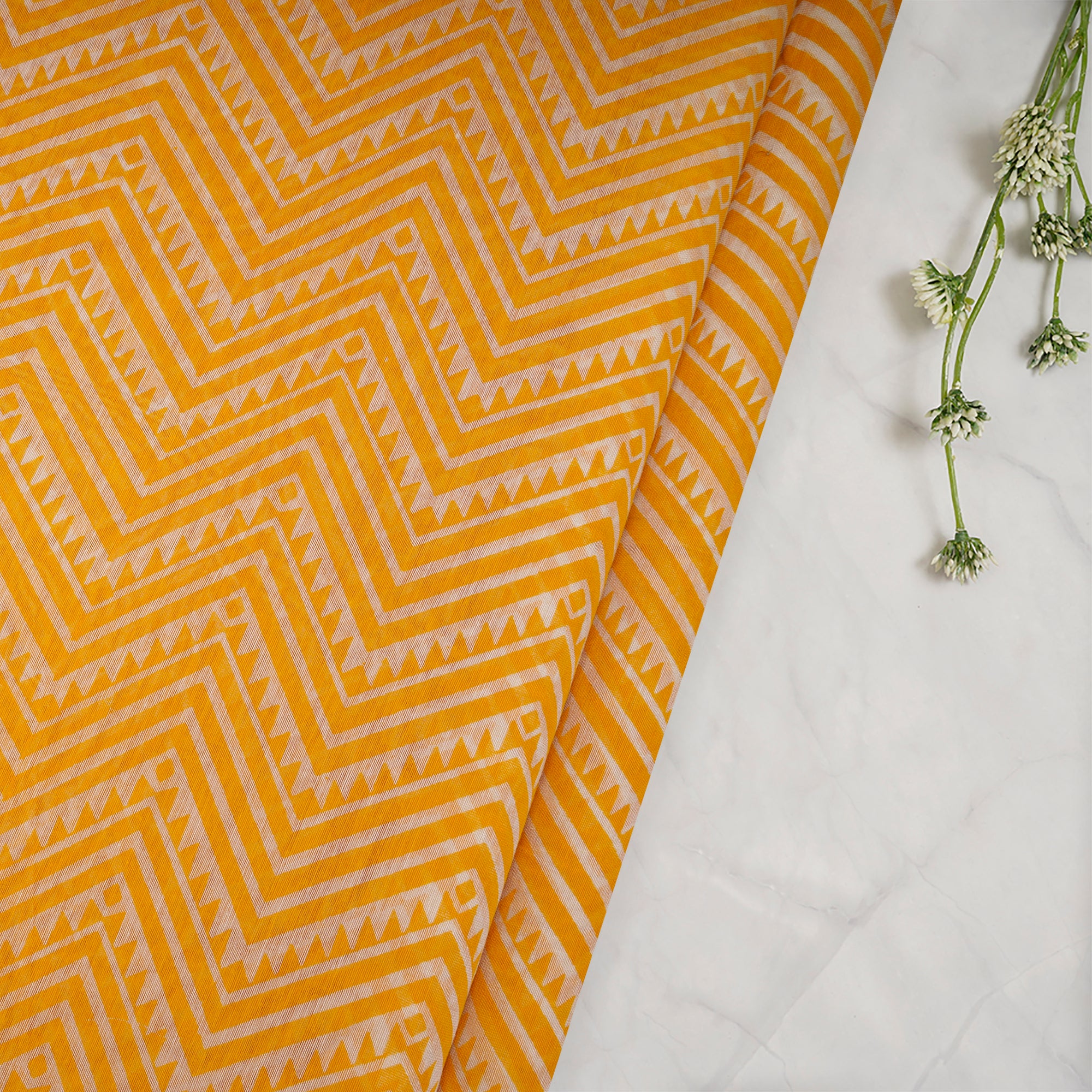 Yellow All Over Pattern Screen Print Maheshwari Cotton Fabric