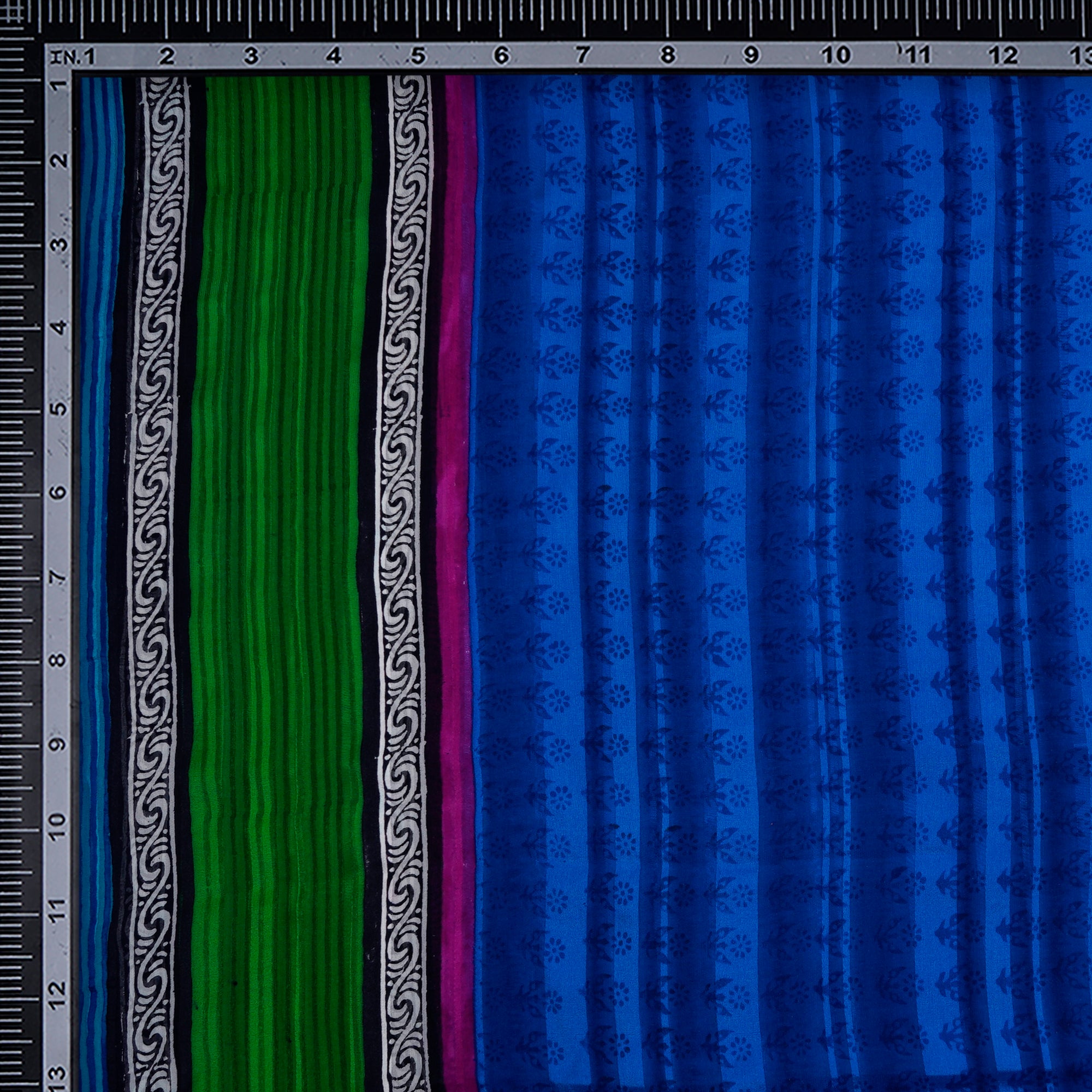 Blue-Green All Over Pattern With Border Screen Print Fancy Striped Georgette Satin Fabric