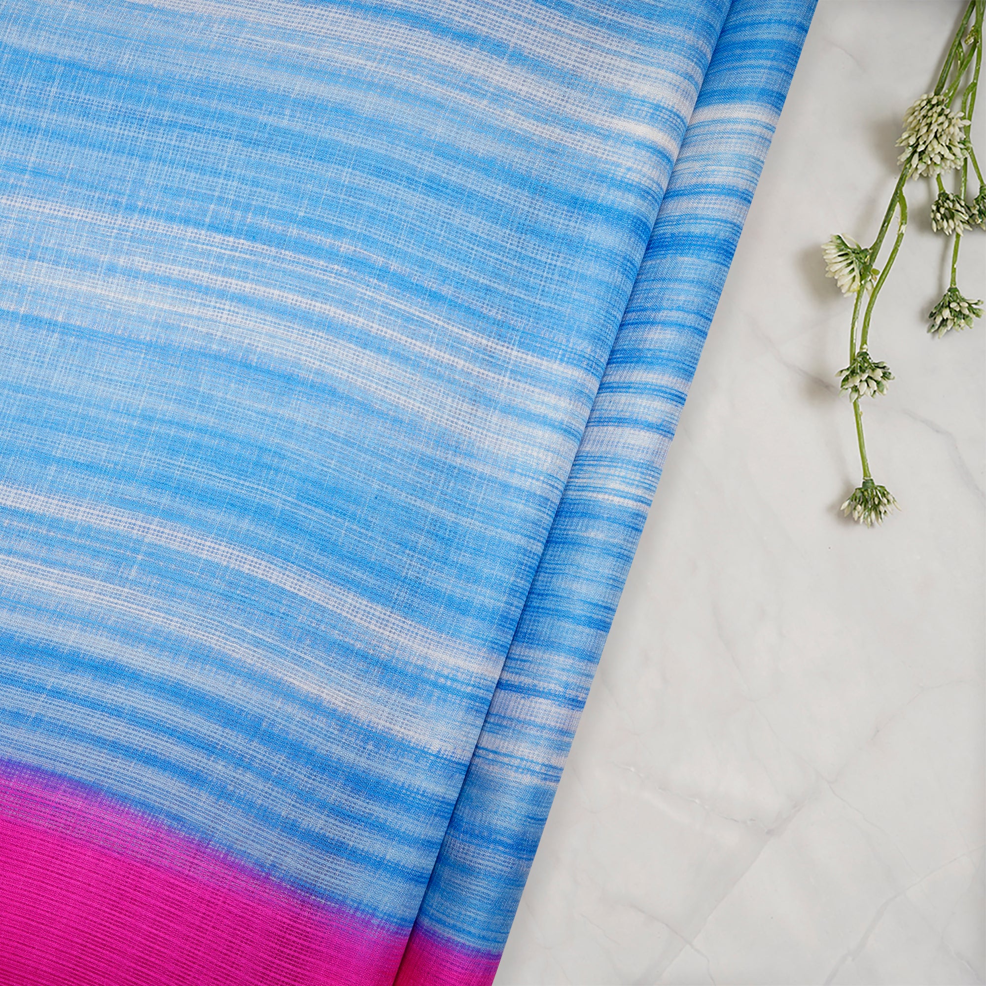 Blue Stripe Pattern Screen Printed Kota Silk Fabric