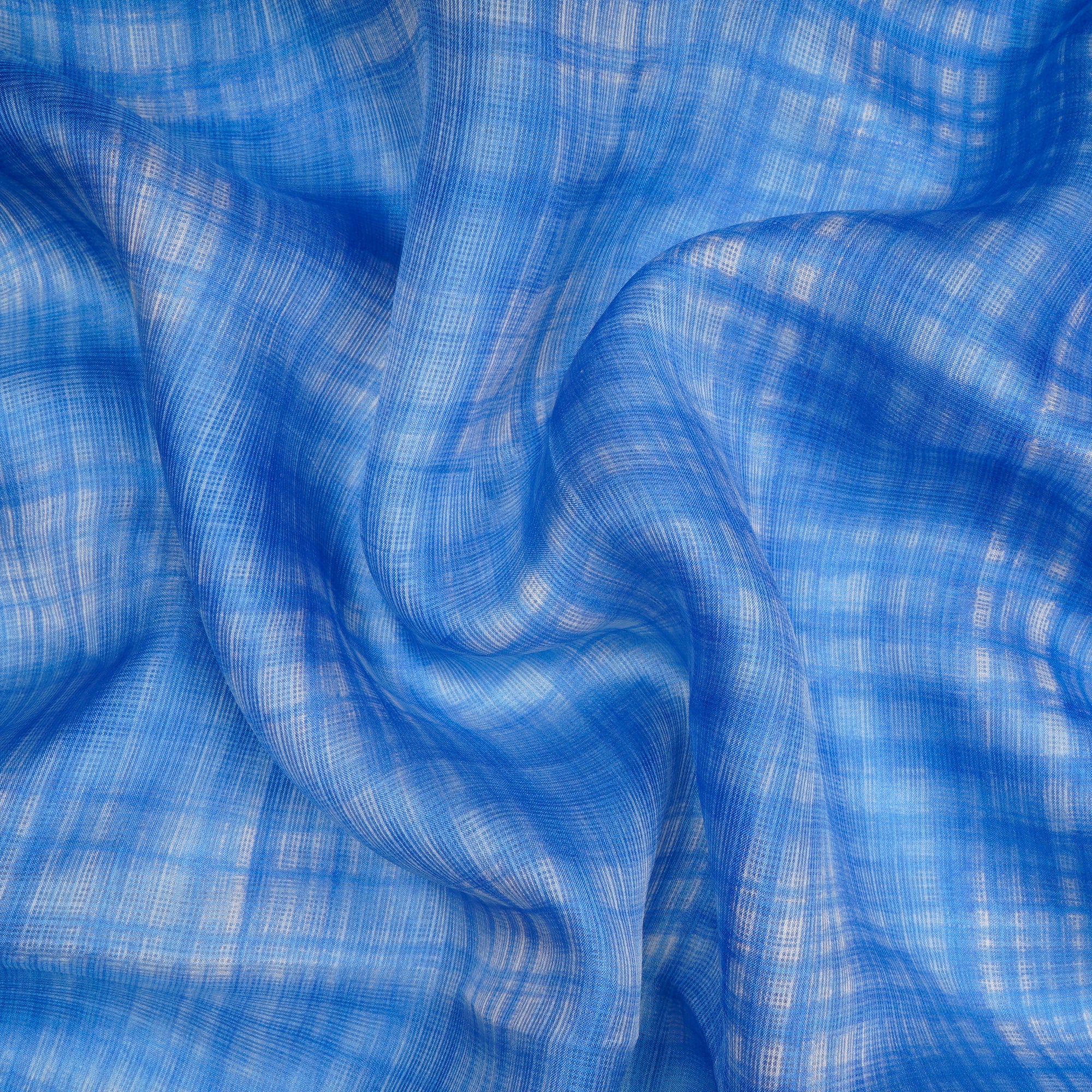 Blue Check Pattern Screen Printed Kota Silk Fabric