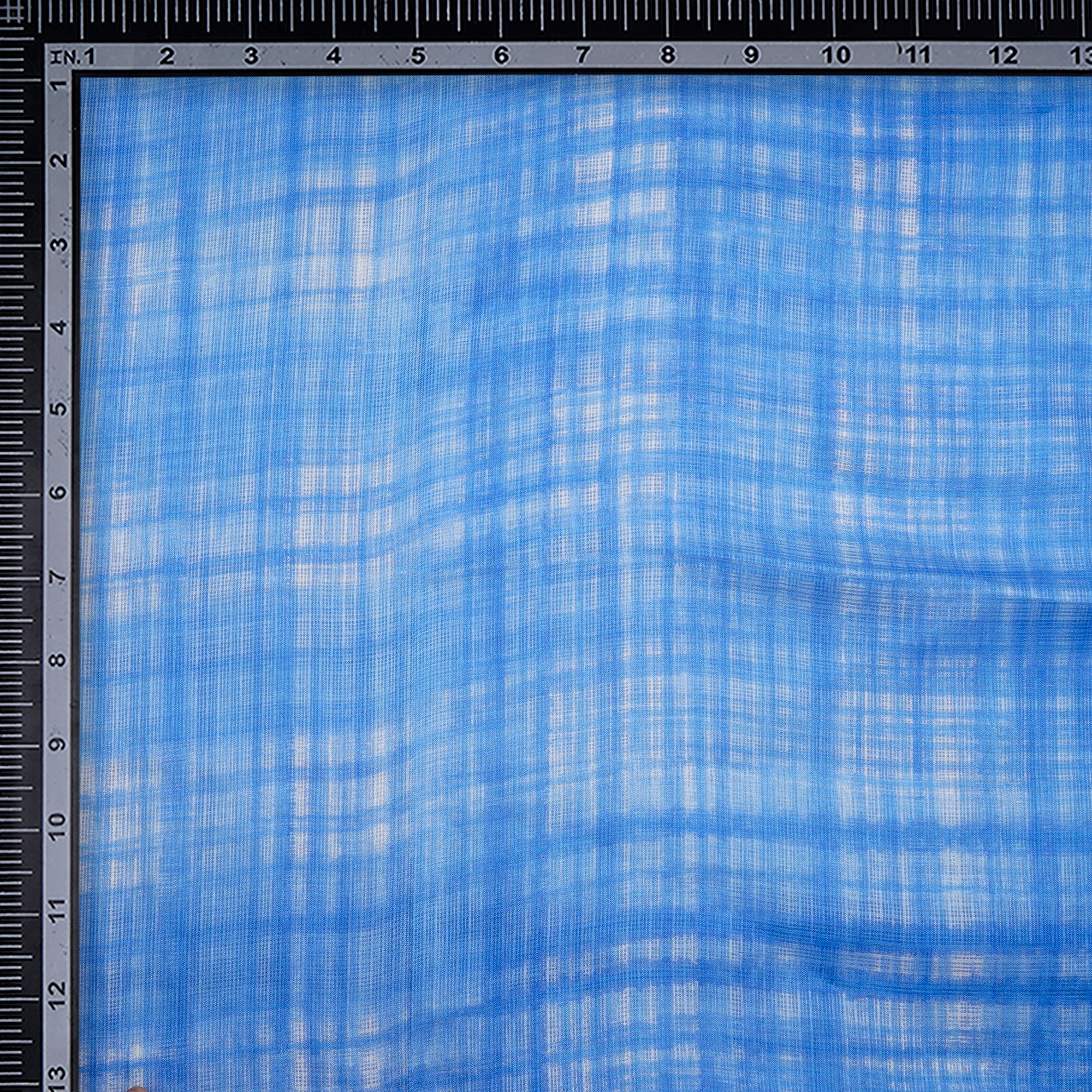 Blue Check Pattern Screen Printed Kota Silk Fabric