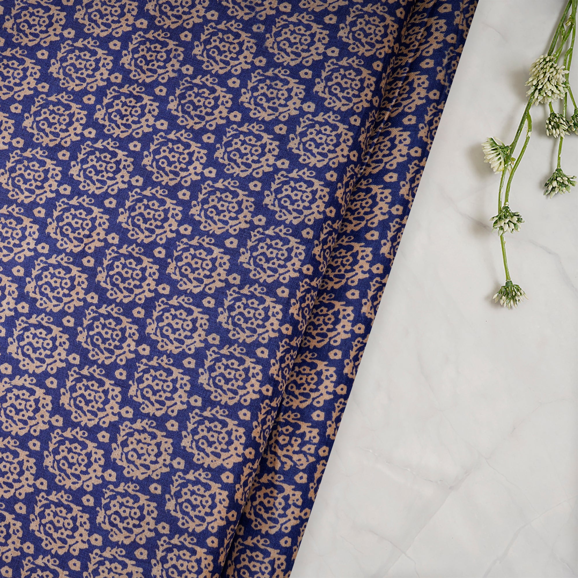 Blue-Beige Color Printed Tussar Silk Fabric